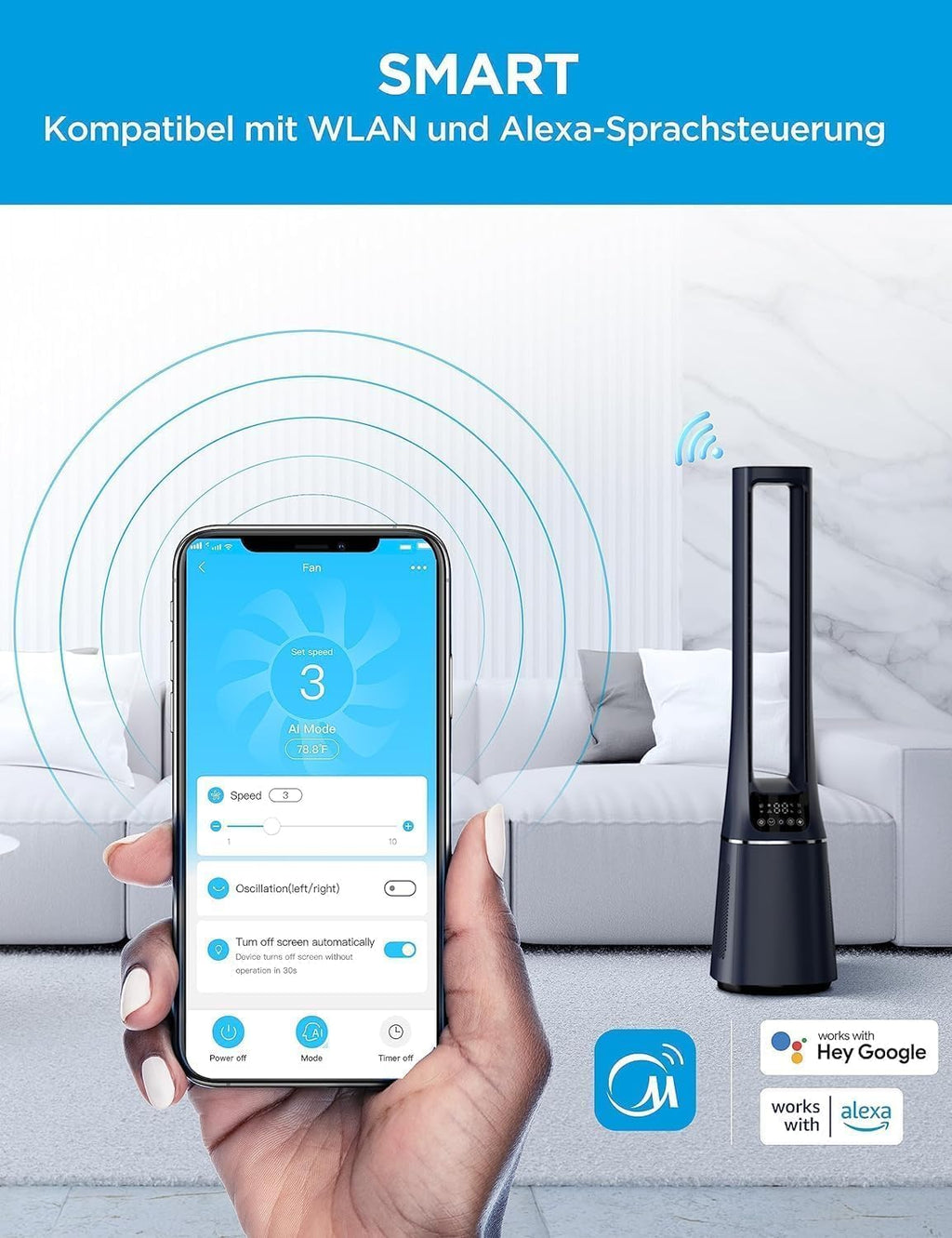 Midea MFP-120i Bladeless Tower Fan with H13 HEPA Air Purifier 105.6cm Blue