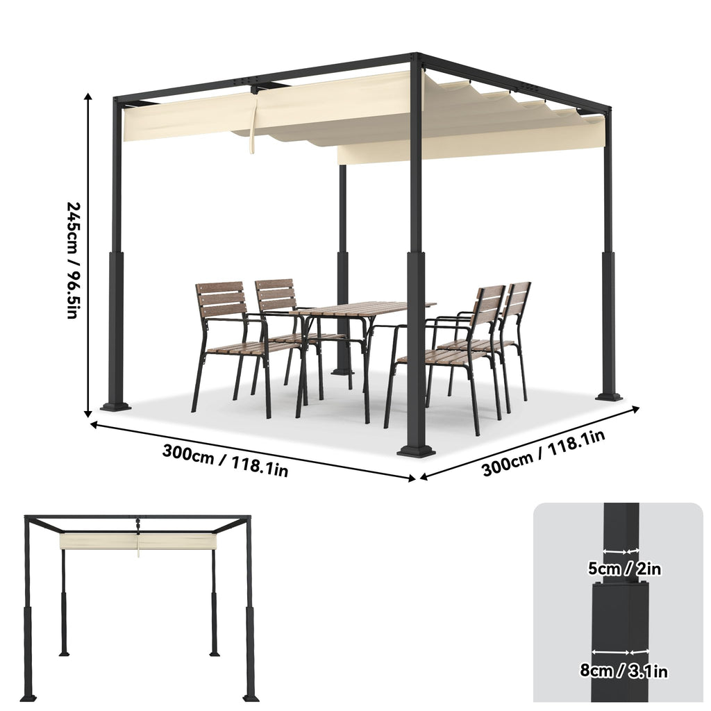 UISEBRT 3x3 m Pergola Pavillon mit stabilem Stahlgestell und hochwertigem Schiebedach aus PA-beschichtetem Polyester, freistehende Terrassenüberdachung, ideal für Outdoor (Beige)