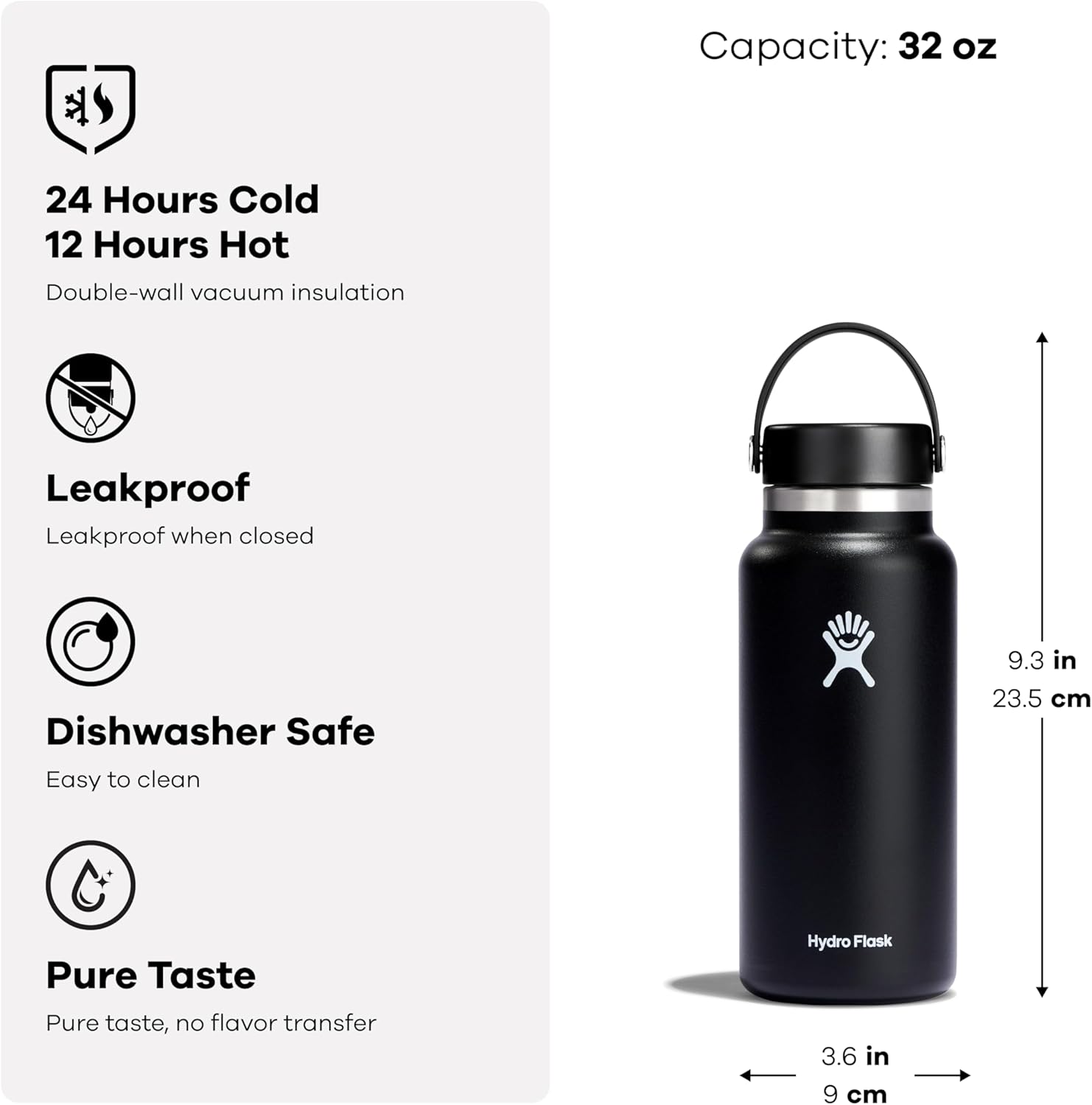 Hydro Flask Wide Mouth Insulated Water Bottle 32oz Black