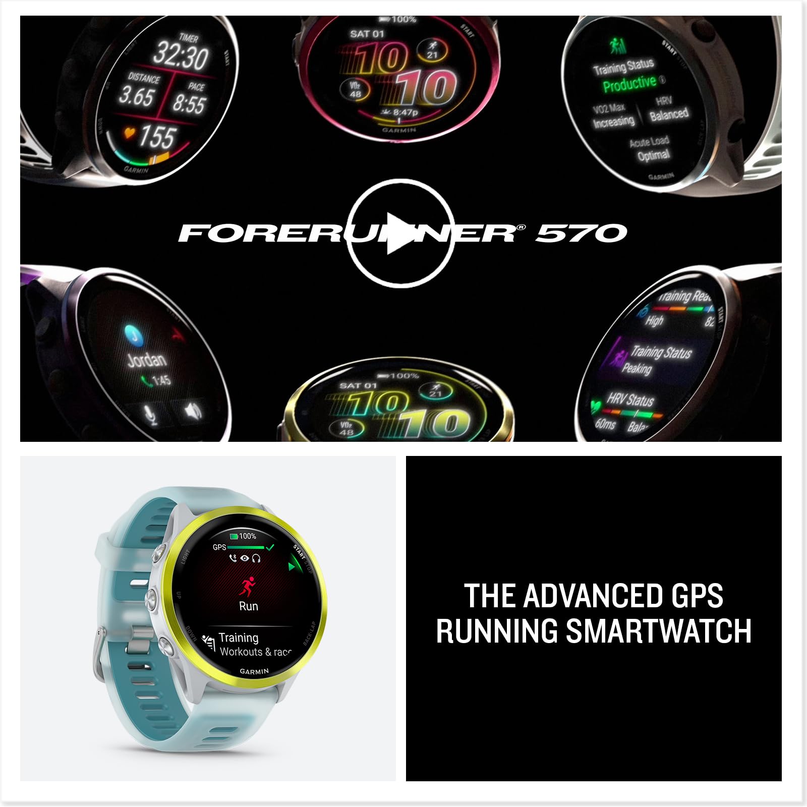 Garmin® Forerunner® 570, 47mm, Advanced GPS Running and Triathlon Smartwatch, AMOLED Display, Training and Recovery Features, Amp Yellow Aluminum with Translucent Whitestone/Turquoise Band