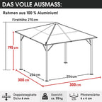 BRAST® Alu Pavillon Summerdream | viele Modelle & Farben | Größen 3x3m 3x4m | Moskitonetz + LEDs | TÜV geprüft | wasserdicht | UV-Schutz | festes Dach | 3x3m Grau LEDs