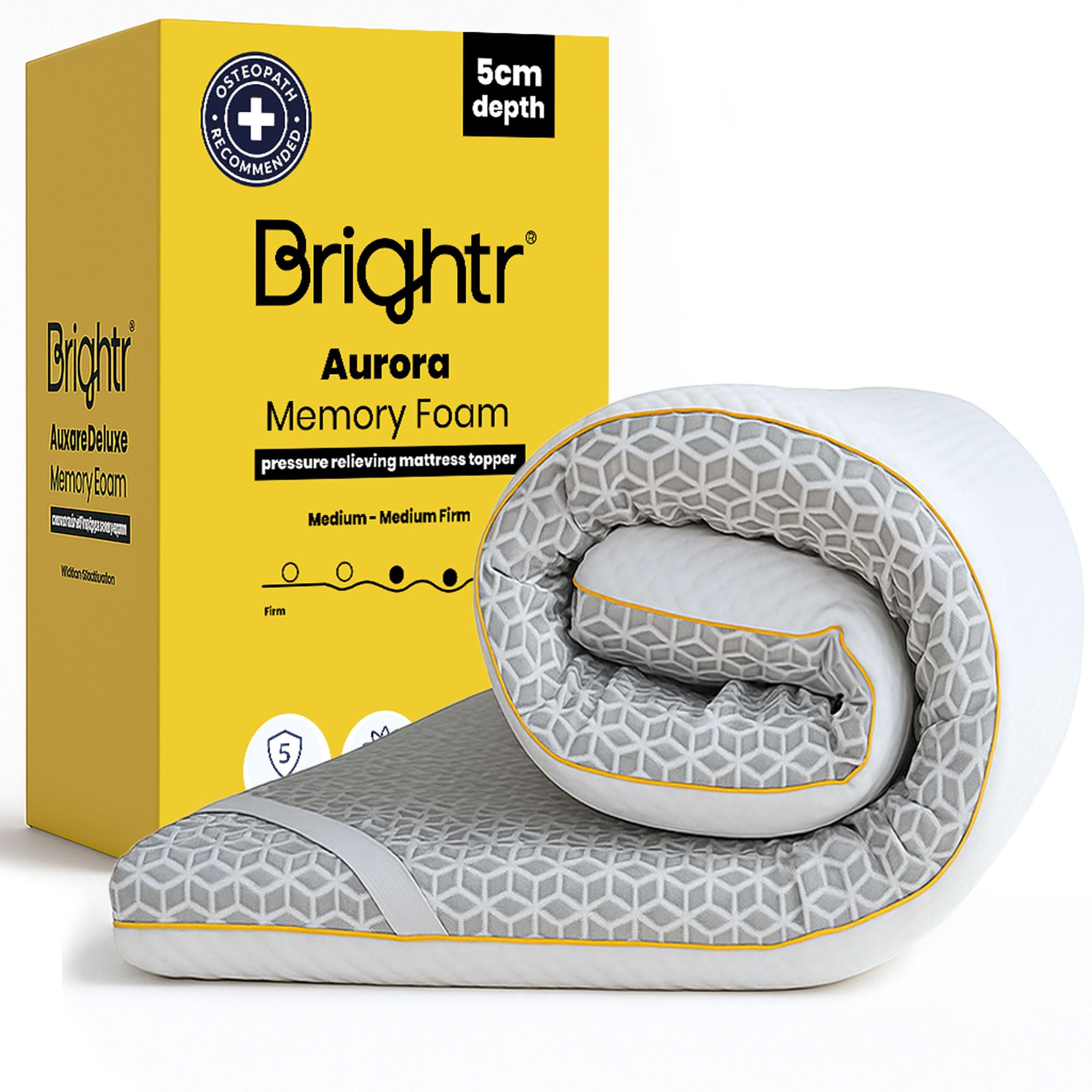 Brightr® Aurora Dual-Layer 5cm thick Memory Foam Mattress Topper 90x200 Size Bed, Orthopedic Bed Topper for Back Pain with Breathable Washable Copper Cover, Choose between Soft/Medium feel 90x200cm