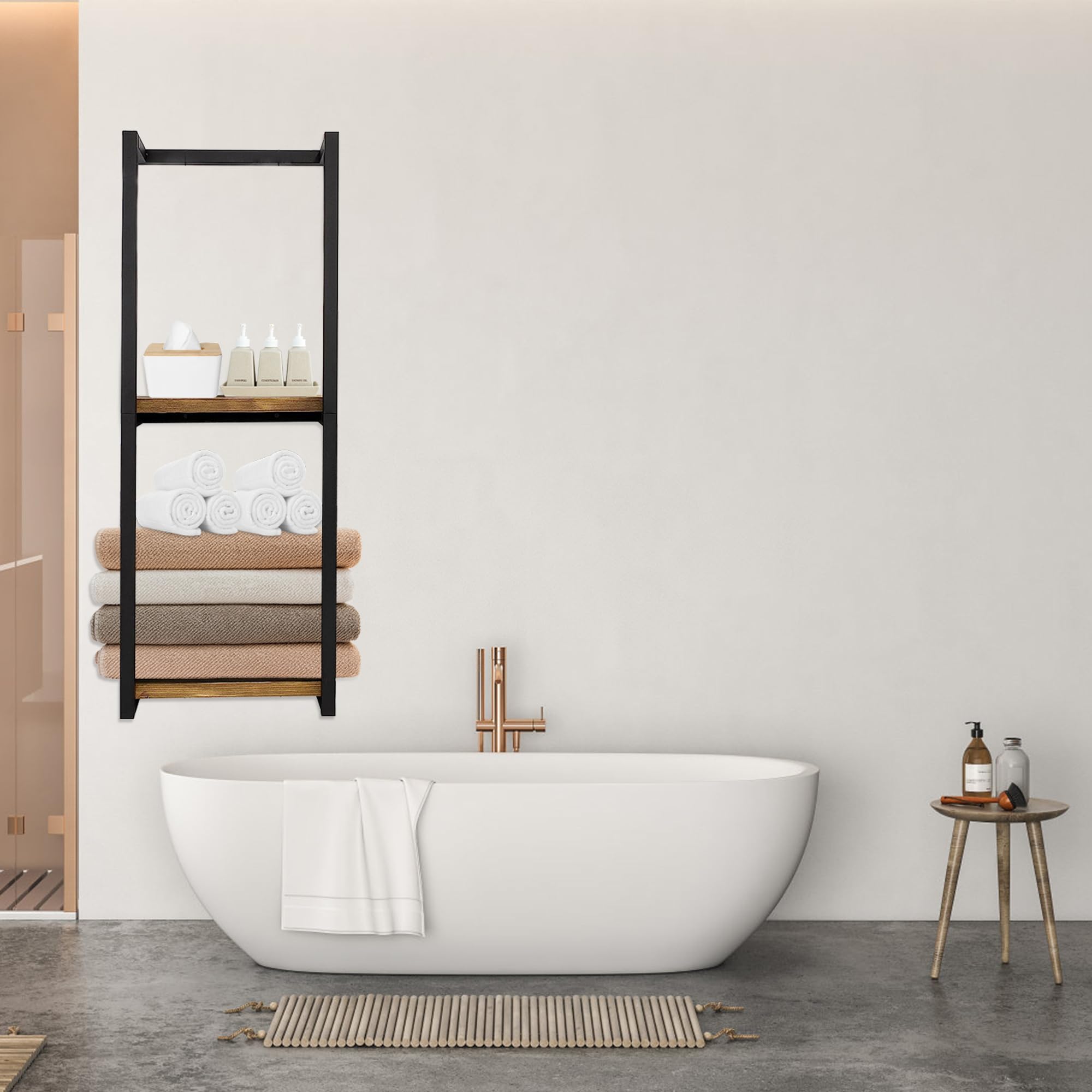 Lengfkus Modern Towel Rack for Rolled Towels,Towel Rack for Bathroom,Wall Mounted Bathroom Organizer Storage,Metal Towel Holders with Wooden Shelf,11" L x 5.5" W x 30" H,Black