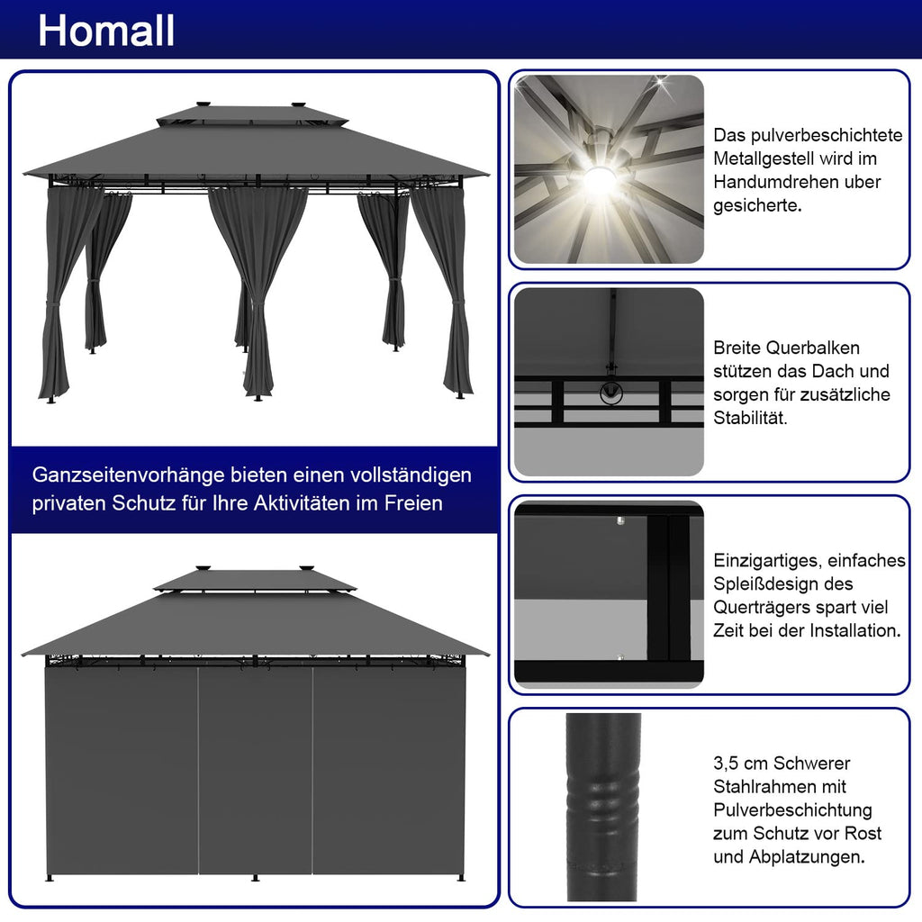 Homall Garten Pavillon 4x3x2,7m mit LED-Beleuchtung, 180g/m² Dachplane Wasserdicht Partyzelt, Metallrahmen Stabile Füße, Terrassenpavillon für 6-8 Personen, Dunkelgrau