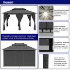 Homall Garten Pavillon 4x3x2,7m mit LED-Beleuchtung, 180g/m² Dachplane Wasserdicht Partyzelt, Metallrahmen Stabile Füße, Terrassenpavillon für 6-8 Personen, Dunkelgrau
