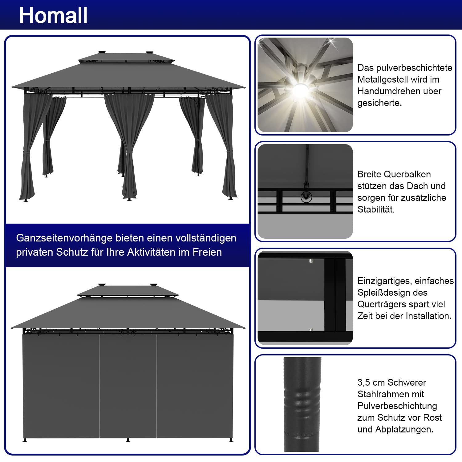Homall Garten Pavillon 4x3x2,7m mit LED-Beleuchtung, 180g/m² Dachplane Wasserdicht Partyzelt, Metallrahmen Stabile Füße, Terrassenpavillon für 6-8 Personen, Dunkelgrau