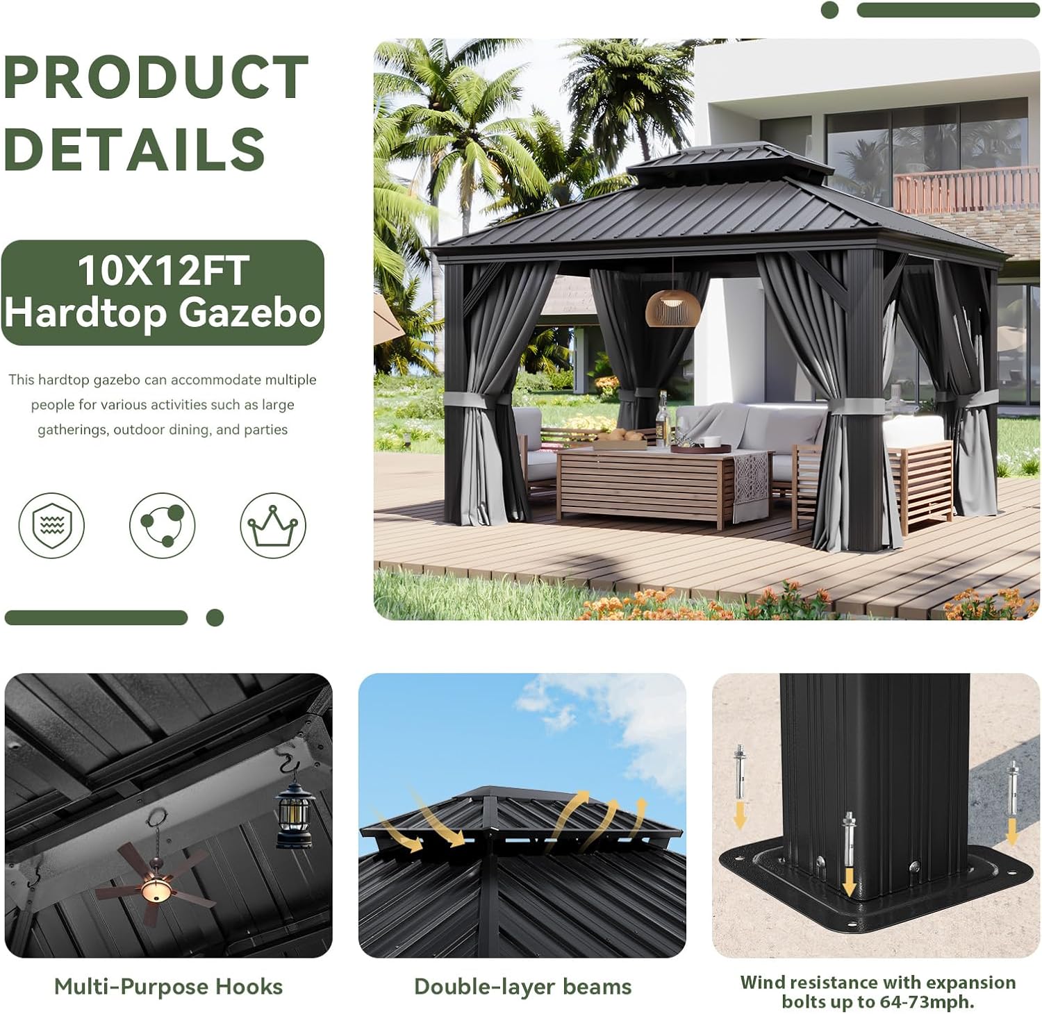 Aoxun Aluminum Hardtop Gazebo With Drainage System Gray