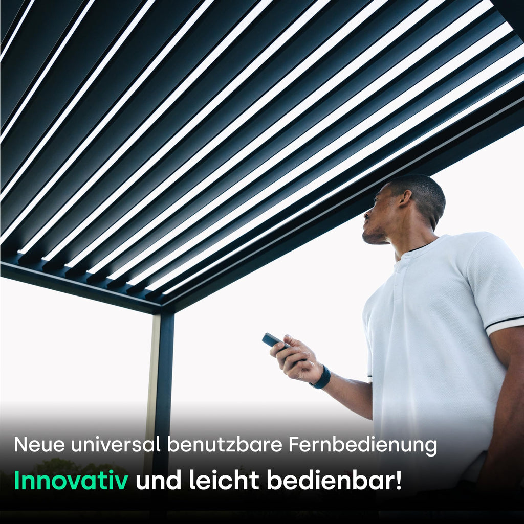 PERGOLUX – Sundream S2 elektrische Pergola – Garten Pavillon mit LED-Beleuchtung & elektrisch verstellbarem Lamellendach (Anthrazit Pergola mit Weißem Lamellendach, 3x5m Freistehend)