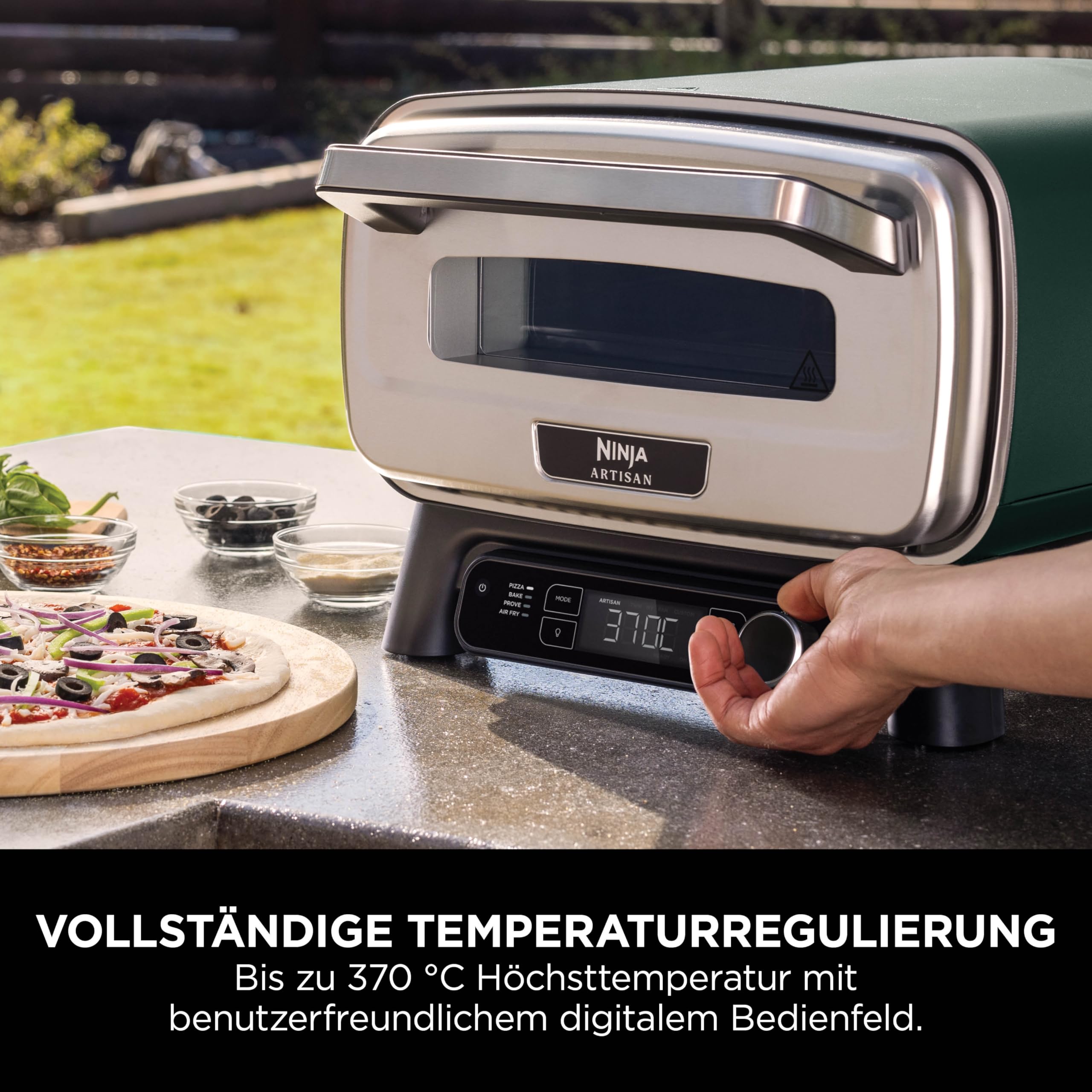 Ninja Artisan Outdoor-Pizzaofen und Heißluftfritteuse, 4 Funktionen, Servierbrett, Pizza-Wiegemesser, 30-cm-Pizzastein, Pizzaschale, Backblech und Heißluft-Fritteusen-Korb, Grün MO201AMZEU