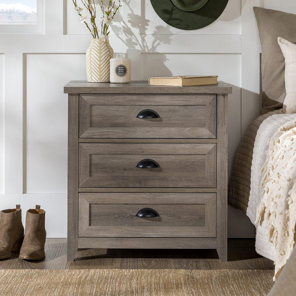 Walker Edison Hazel Modern Farmhouse 3 Drawer Framed Nightstand 25in Grey Wash