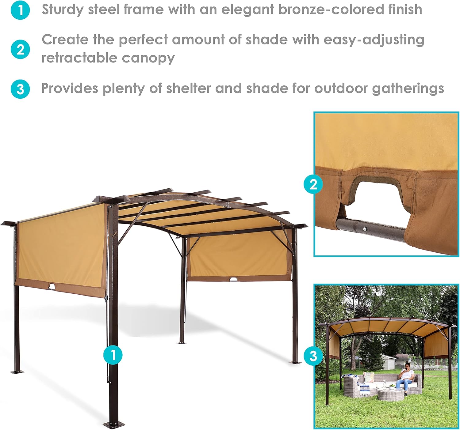 Sunnydaze Decor 9x12 Ft Outdoor Pergola With Retractable Canopy Tan