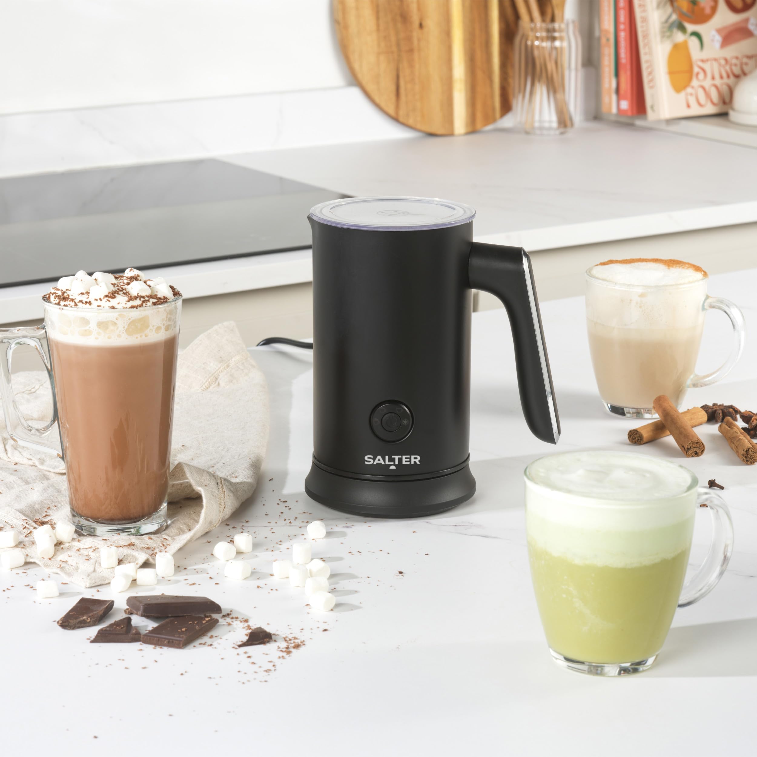 Salter Chocolatier Hot Chocolate Maker - 4-in-1 Electric Milk Frother, Cordless Hot & Cold Milk Foamer 115ml, One Cup 240ml Milk Steamer Heater, LED Control Panel, for Coffee, Cappuccino, Latte, 500W