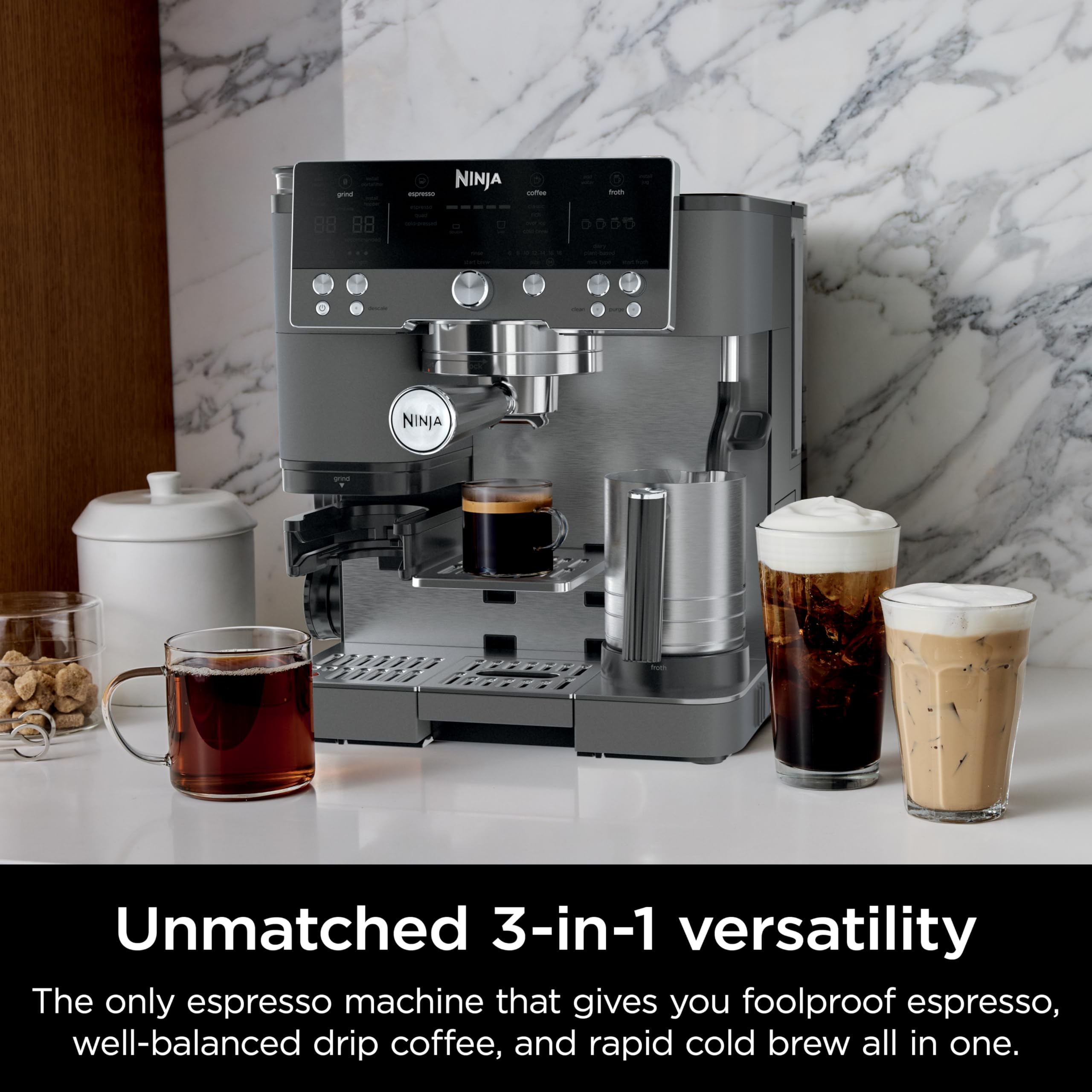 Ninja Luxe Cafe Premier Series, Espresso Machine, Drip Coffee, Rapid Cold Brew, Integrated Grinder, Hands-Free Frother, with Knock Box, Water Filter, Cleaning Tablets, Descaler, ES601GM