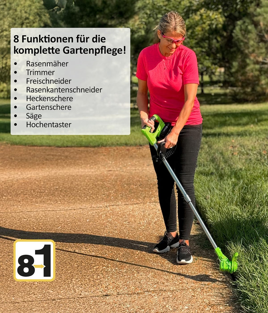 Genius Rotorazer 8 in1 Gartengerät Set 23-TLG. Akku Rasentrimmer Rasenkantenschneider Freischneider mit 2 Akku, Einstellbarer Schnitttiefe, 7 Messerscharfe Klinen, ausziehbare Teleskopstange, Garten