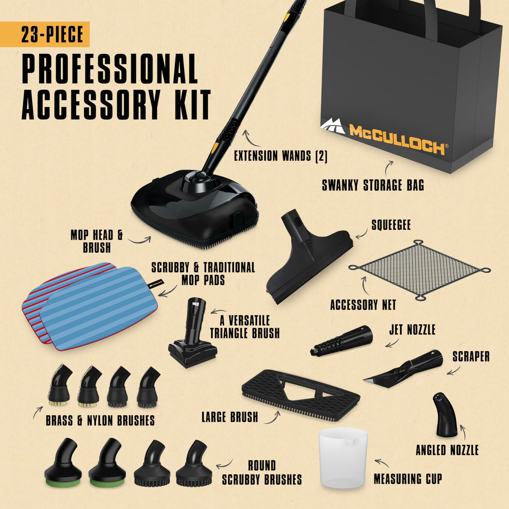 McCulloch MC1385 Deluxe Canister Steam Cleaner, 2-Hour Runtime, Chemical-Free, 23 Accessories: Mop Head, Brushes & More - Built for Home, Tile, Carpet, Furniture, & Personal Car Detailing
