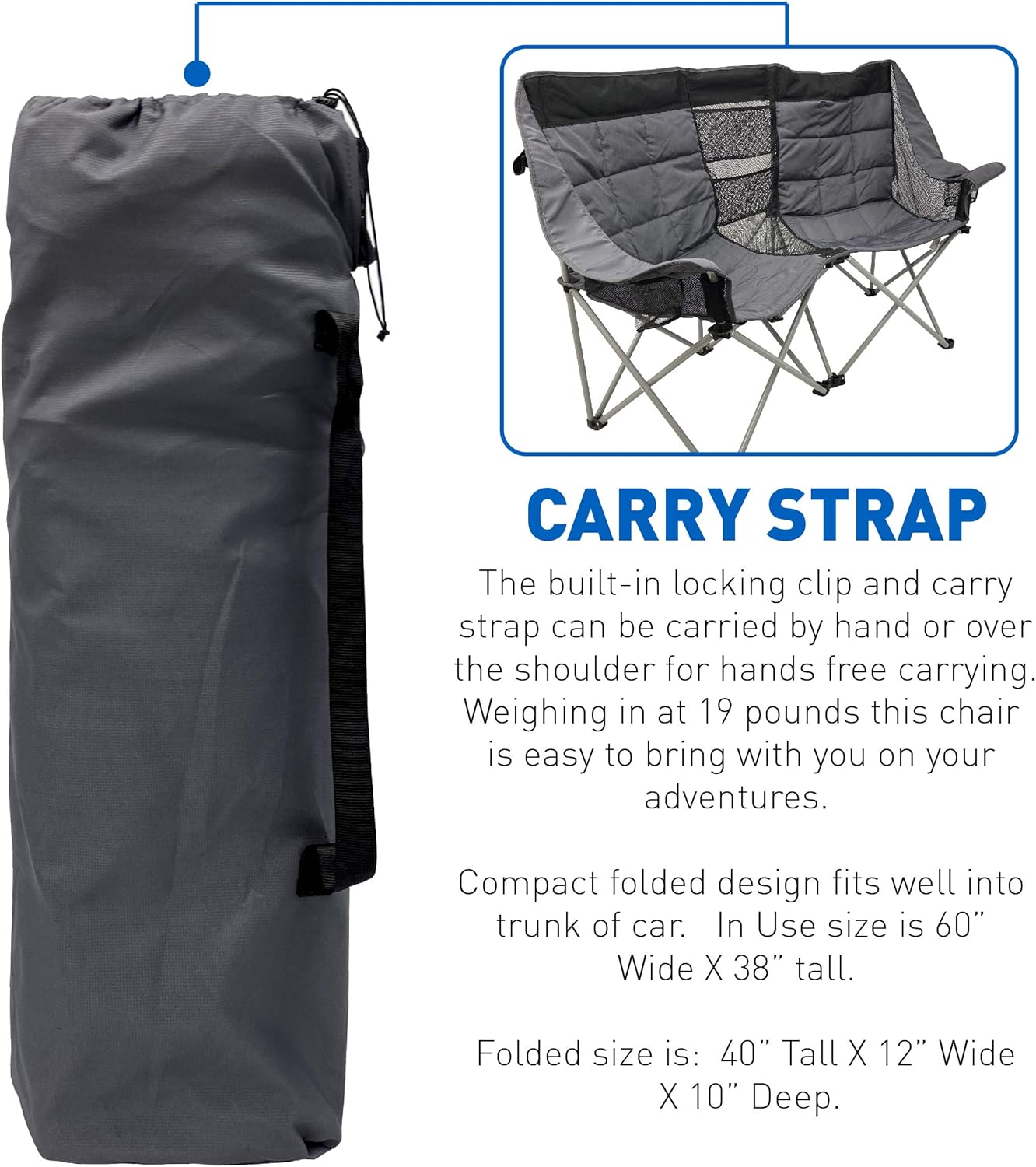 EasyGo Product Double Love Seat Oversized Camping Chair Black Grey