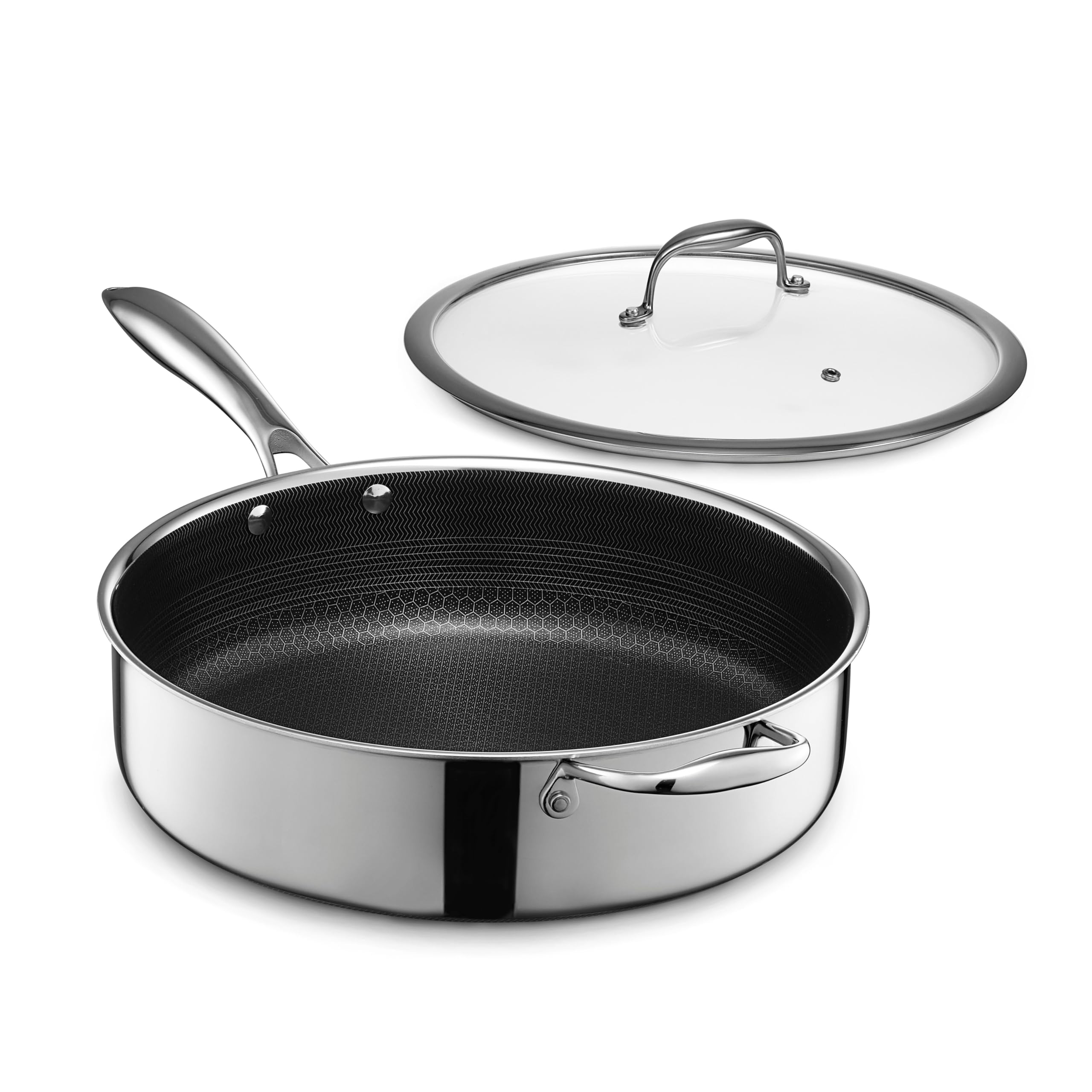 HexClad Hybrid Nonstick 5.5 Litre Deep Sauté Pan and Lid, Dishwasher and Oven-Safe, Compatible with All Cooktops