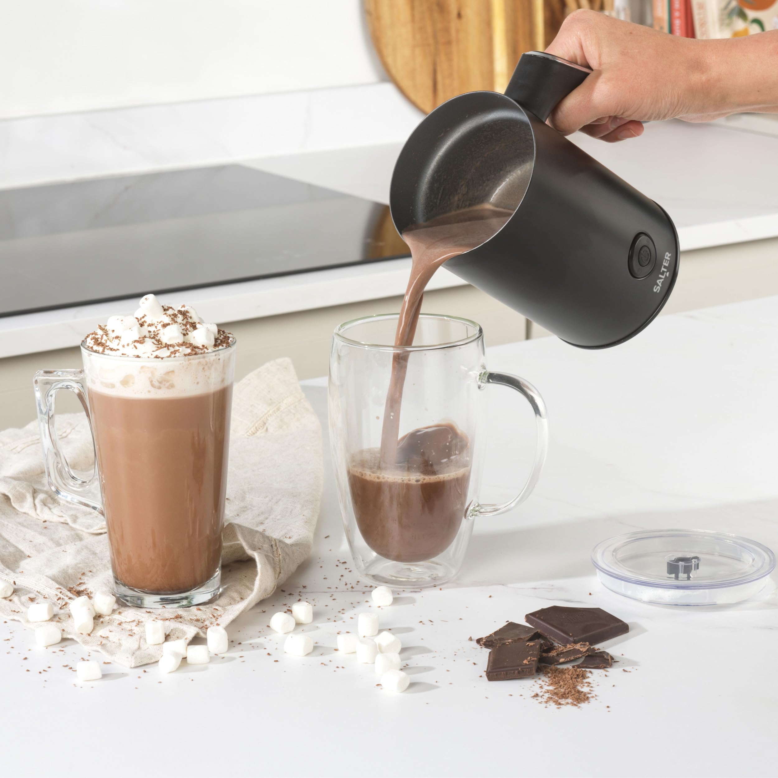 Salter Chocolatier Hot Chocolate Maker - 4-in-1 Electric Milk Frother, Cordless Hot & Cold Milk Foamer 115ml, One Cup 240ml Milk Steamer Heater, LED Control Panel, for Coffee, Cappuccino, Latte, 500W