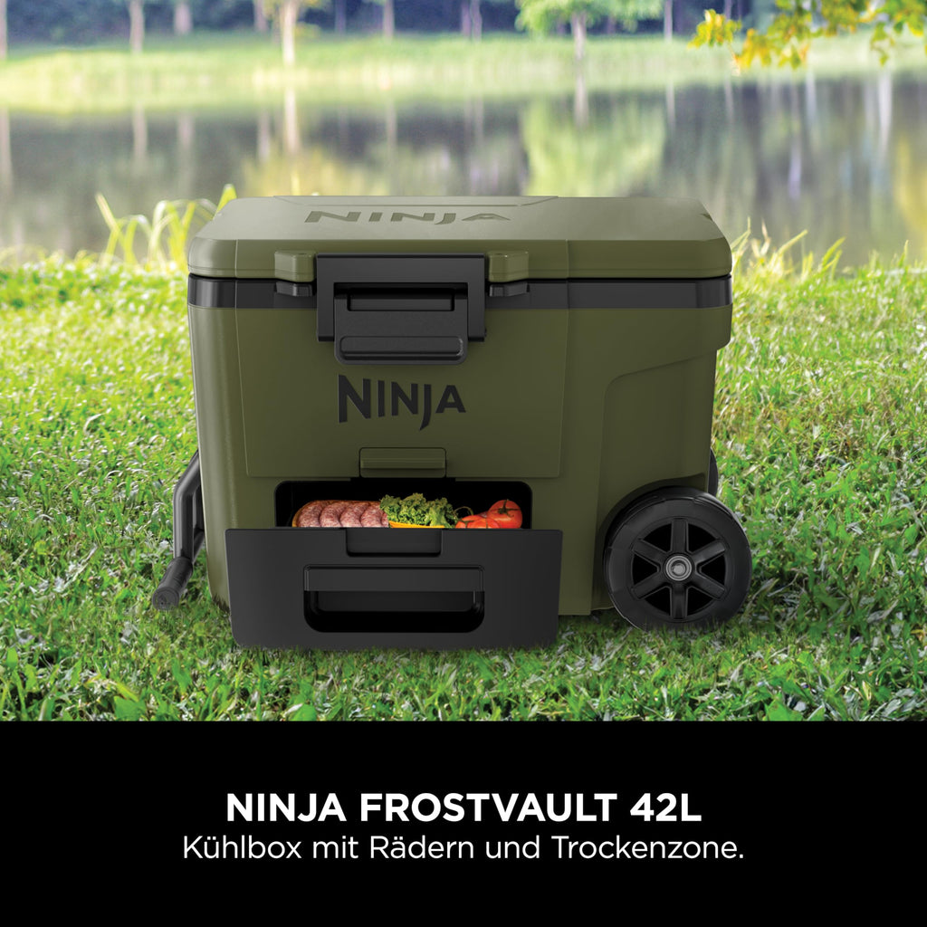 Ninja FrostVault Kühlbox mit Rollen und Isolierung, Thirti Flasche & Kühlakku, integrierter Dry Zone Schublade für Lagerung bei Kühlschranktemperatur, olivegrün, FB245AMZEUUKGN
