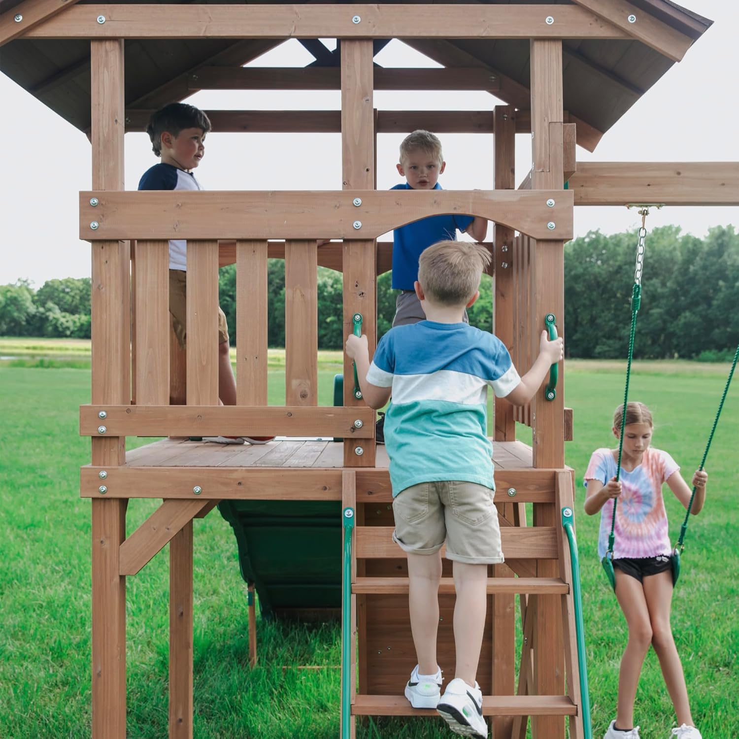 Backyard Discovery Lightning Ridge Cedar Wood Swing Set 10ft Wave Slide