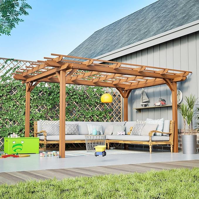 Outdoor Wooden Pergola 12x10 ft with Trellis Roof for Climbing Plants Brown