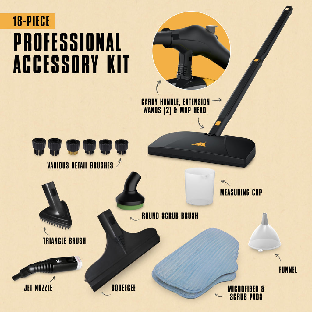 McCulloch MC1275 Heavy-Duty Steam Cleaner, 45 Minute Runtime, 18 Accessories: Mop Head, Brushes, & More - Built for Home, Tile, Grout, Carpet, Furniture, & Personal Car Detailing