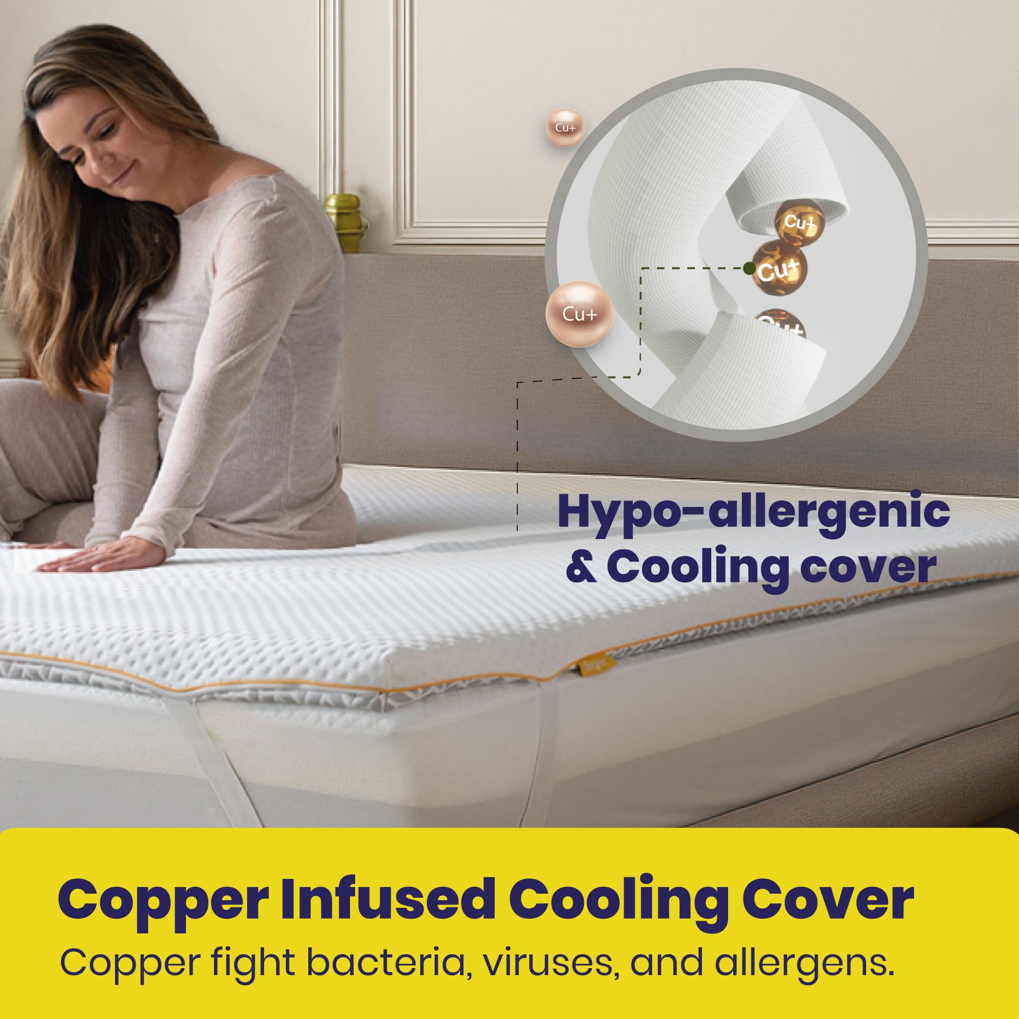 Brightr® Aurora Dual-Layer 5cm thick Memory Foam Mattress Topper 90x200 Size Bed, Orthopedic Bed Topper for Back Pain with Breathable Washable Copper Cover, Choose between Soft/Medium feel 90x200cm