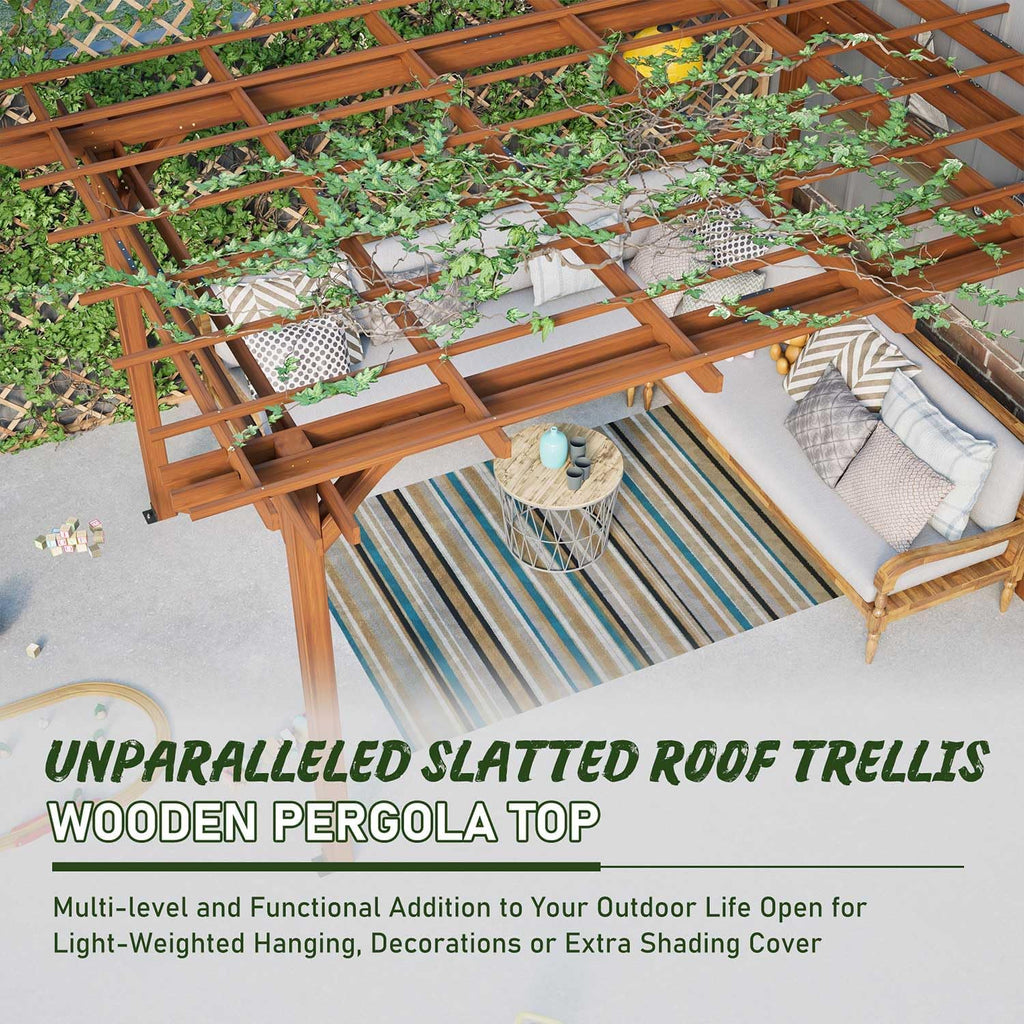 Outdoor Wooden Pergola 12x10 ft with Trellis Roof for Climbing Plants Brown