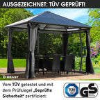 BRAST® Alu Pavillon Summerdream | viele Modelle & Farben | Größen 3x3m 3x4m | Moskitonetz + LEDs | TÜV geprüft | wasserdicht | UV-Schutz | festes Dach | 3x3m Grau LEDs