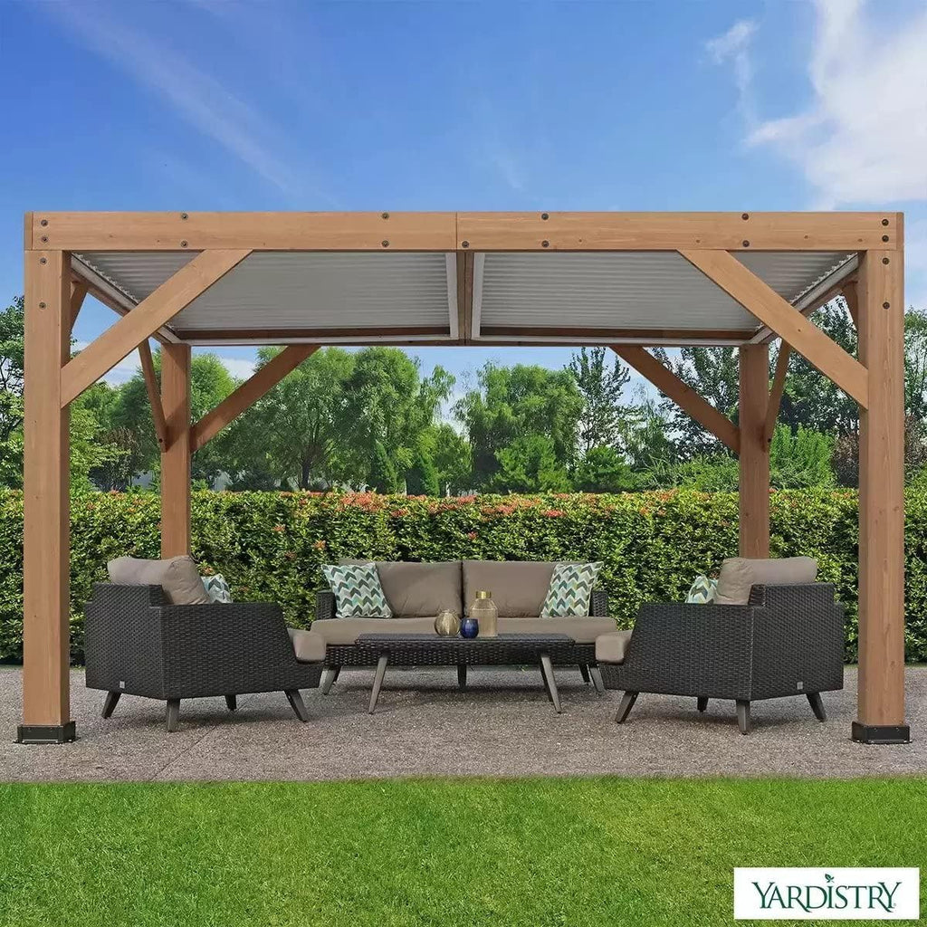 Yardistry 11ft x 13ft Wooden Louvered Pergola With Aluminium Roof