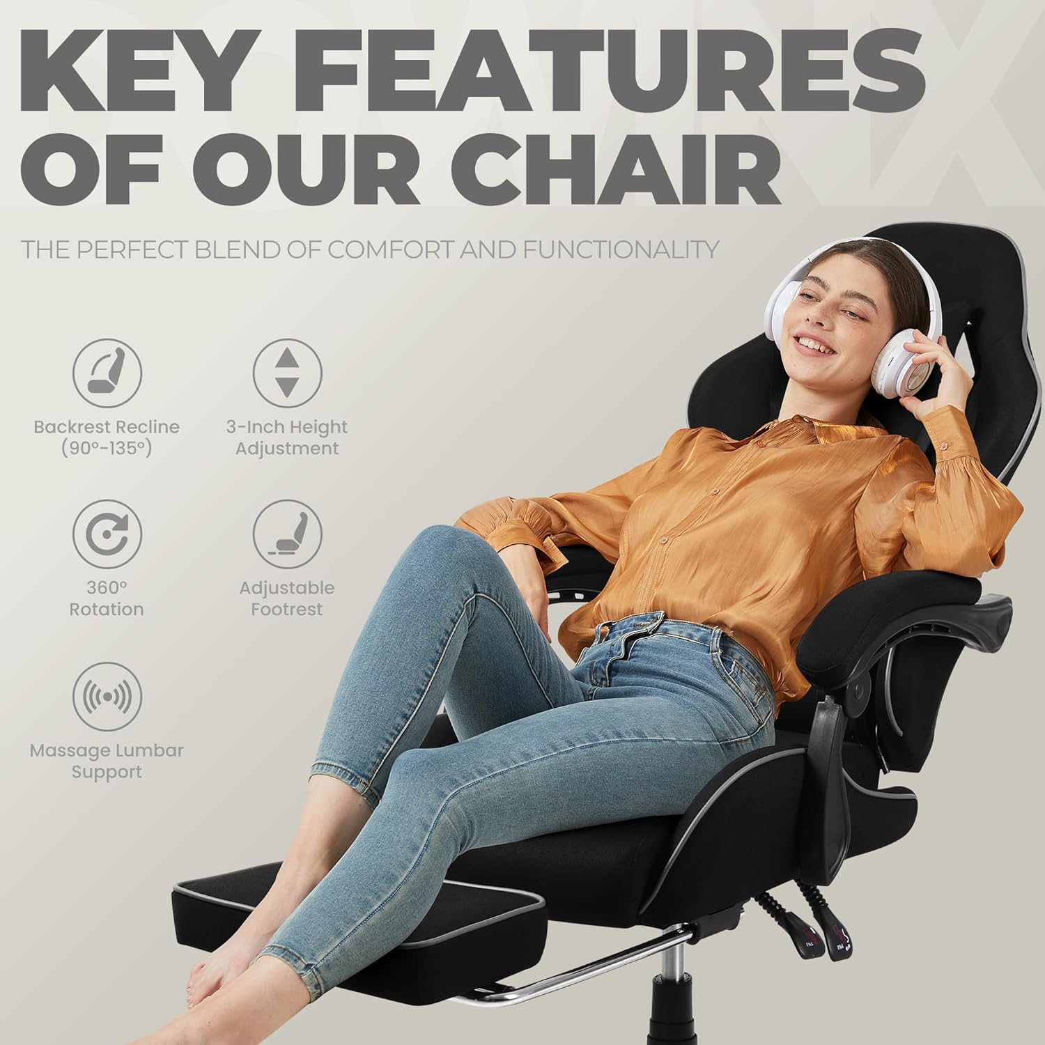 Dowinx Gaming Chair with Pocket Spring Cushion Massage Ergonomic Footrest Black
