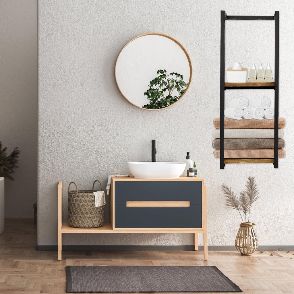 Lengfkus Modern Towel Rack for Rolled Towels,Towel Rack for Bathroom,Wall Mounted Bathroom Organizer Storage,Metal Towel Holders with Wooden Shelf,11" L x 5.5" W x 30" H,Black