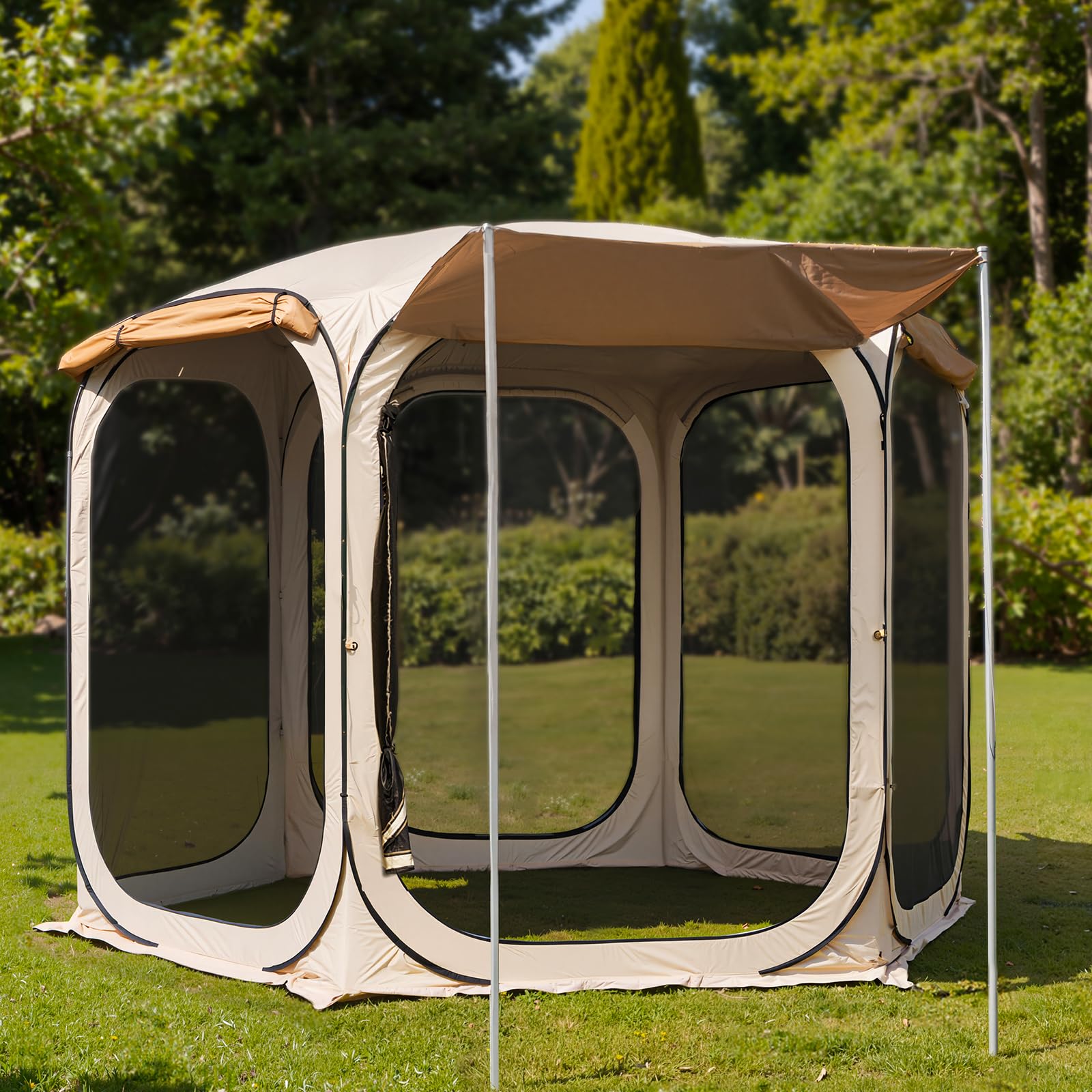 EAST OAK 12×12 FT Pop Up Canopy Tent with Mesh | Outdoor Screen House with 6 Sunshades | Instant Canopy with Portable Carry Bag | Gazebo Tent for Camping, Patio, and Beach | Beige