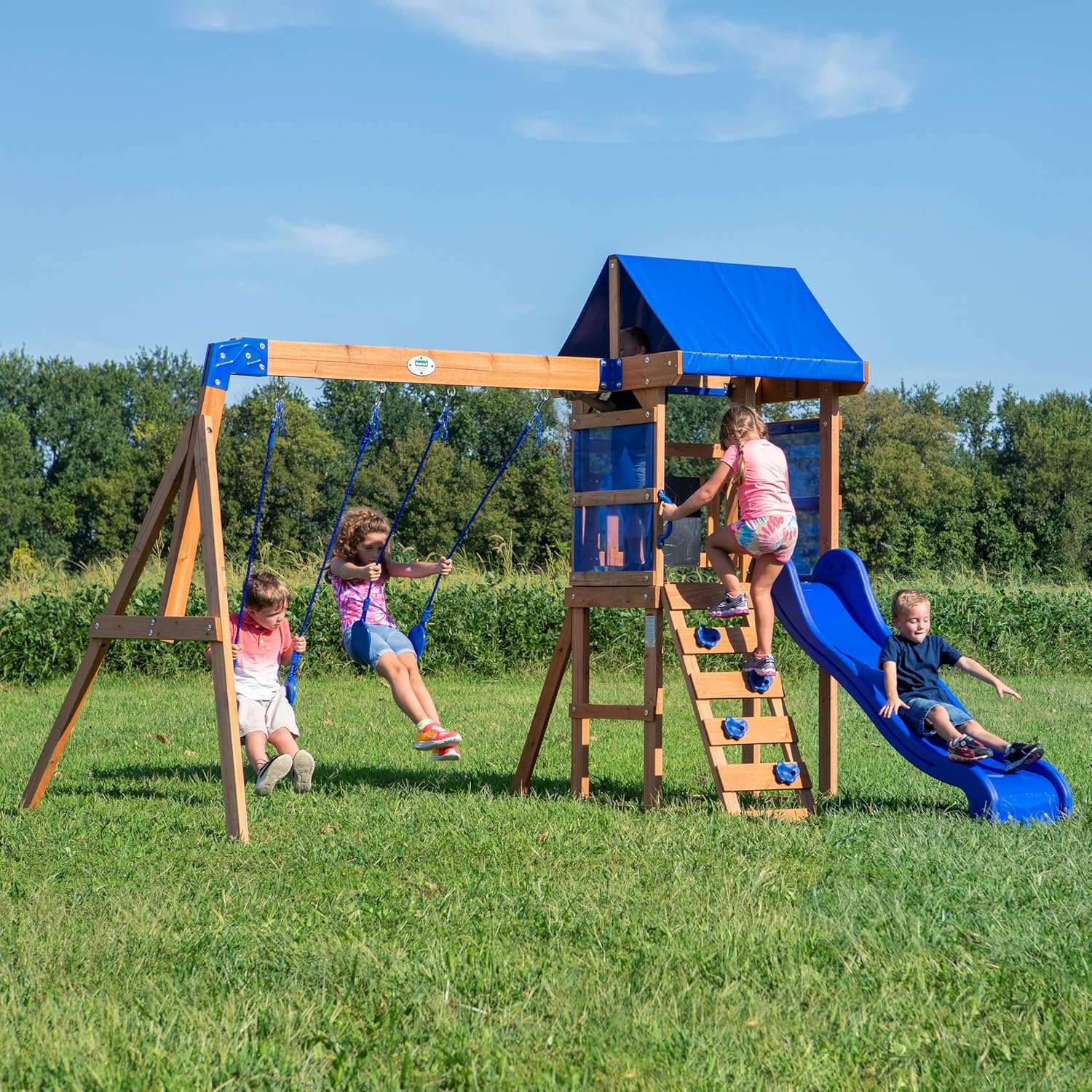 Backyard Discovery Aurora Wooden Playhouse Swing Set with Slide