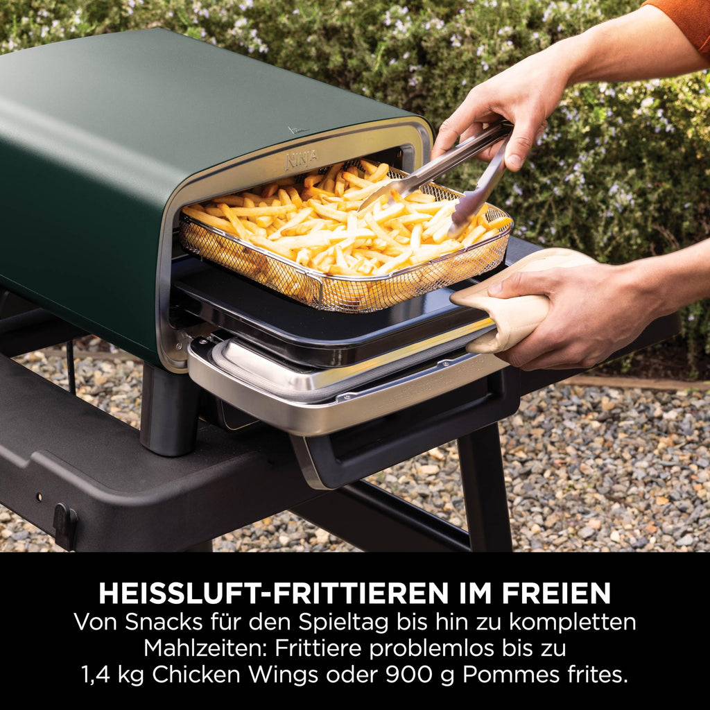 Ninja Artisan Outdoor-Pizzaofen und Heißluftfritteuse, 4 Funktionen, Servierbrett, Pizza-Wiegemesser, 30-cm-Pizzastein, Pizzaschale, Backblech und Heißluft-Fritteusen-Korb, Grün MO201AMZEU