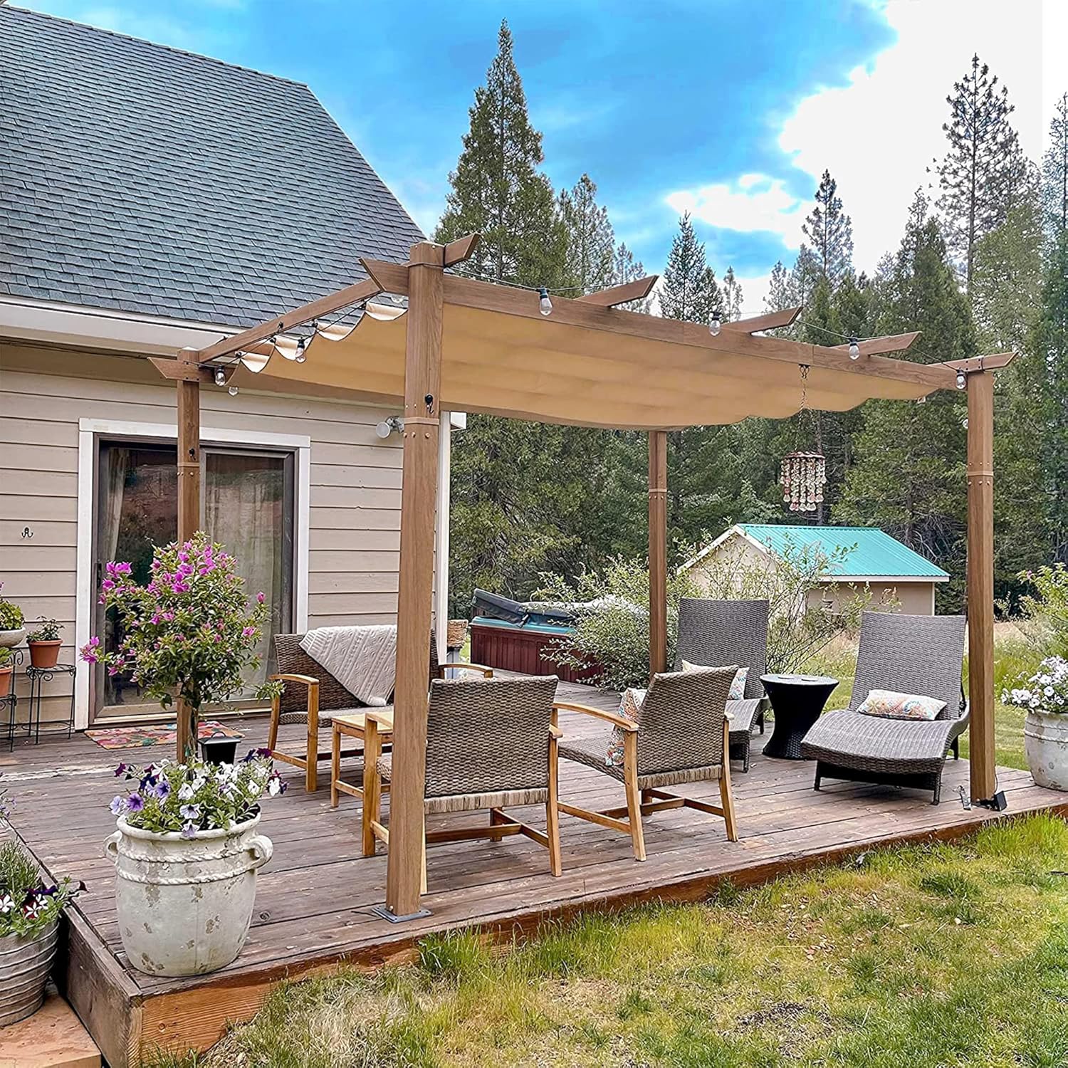 PURPLE LEAF Wood Look Aluminium Pergola 3 x 4m Sliding Roof Gazebo Beige