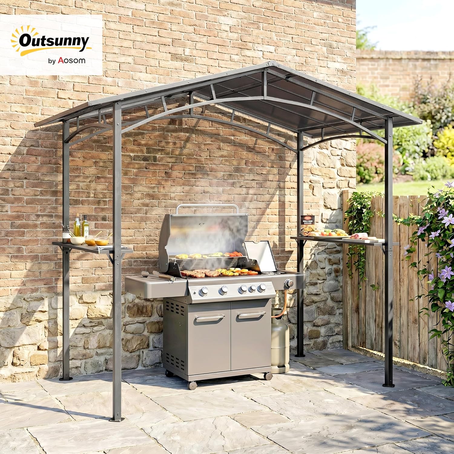 Outsunny BBQ Grill Gazebo 2.5 x 1.5m Black Metal Polycarbonate