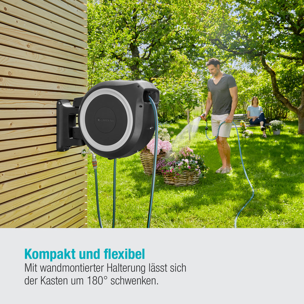 Gardena Wand-Schlauchbox RollUp XL (weiß) 35 m: flexible Bewässerung für große Gärten, Schwenkbare Schlauchbox, inkl. 35 m Gardena Qualitätsschlauch und Montagehilfe (18632-20)