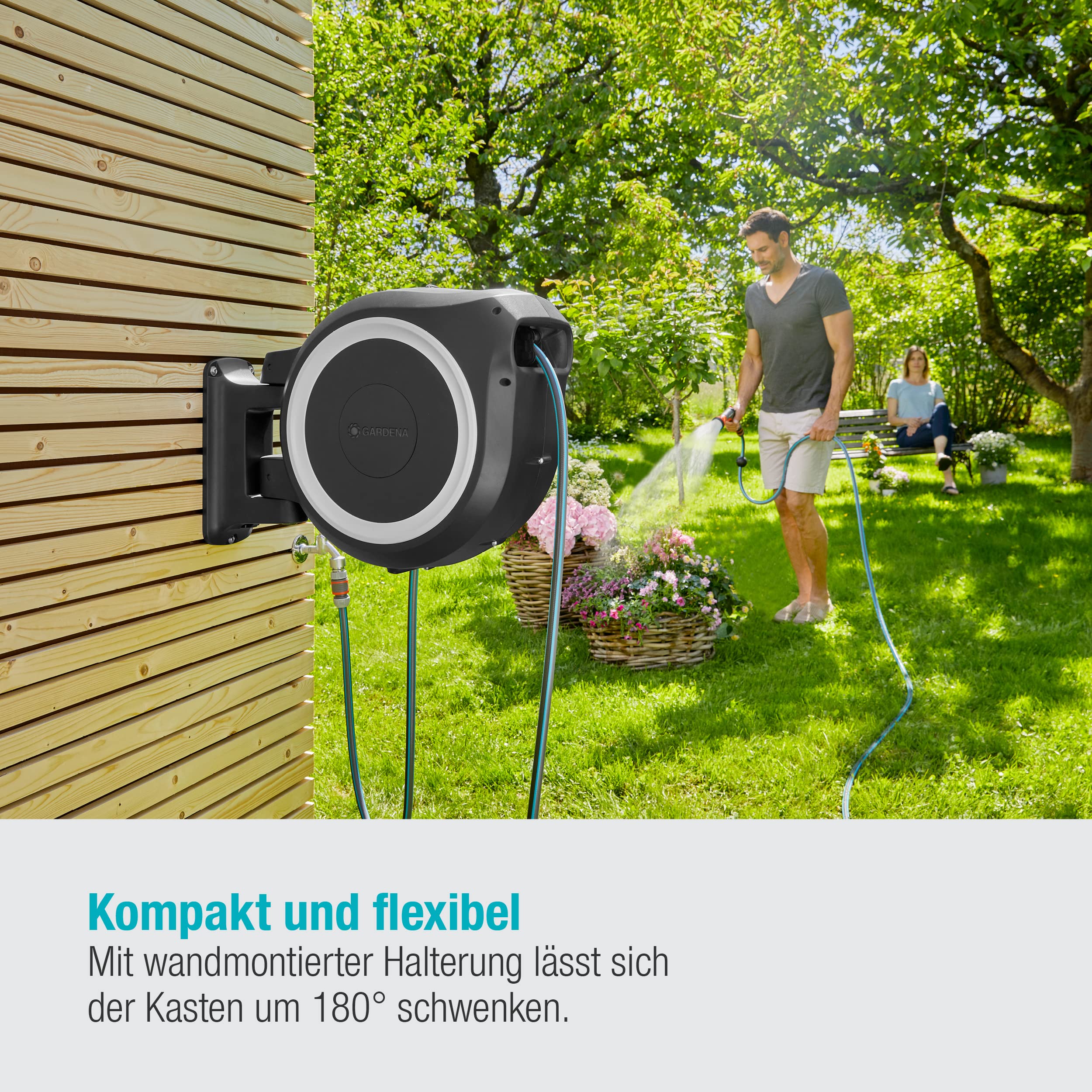Gardena Wand-Schlauchbox RollUp XL (weiß) 35 m: flexible Bewässerung für große Gärten, Schwenkbare Schlauchbox, inkl. 35 m Gardena Qualitätsschlauch und Montagehilfe (18632-20)
