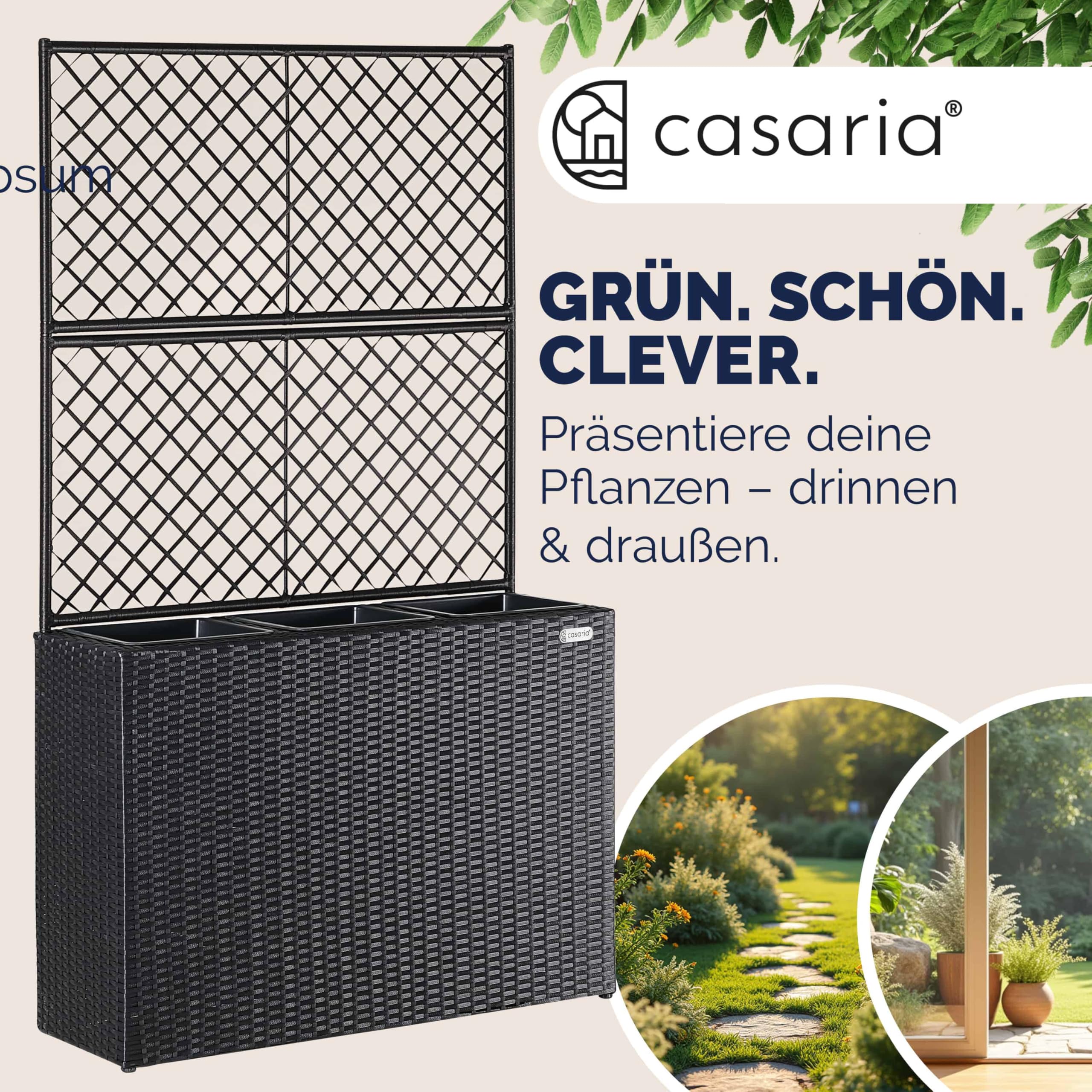 Casaria® Blumenkasten Rankgitter 3 Innentöpfe Polyrattangeflecht Rankhilfe Blumentopf Rattanoptik Pflanzkasten Schwarz