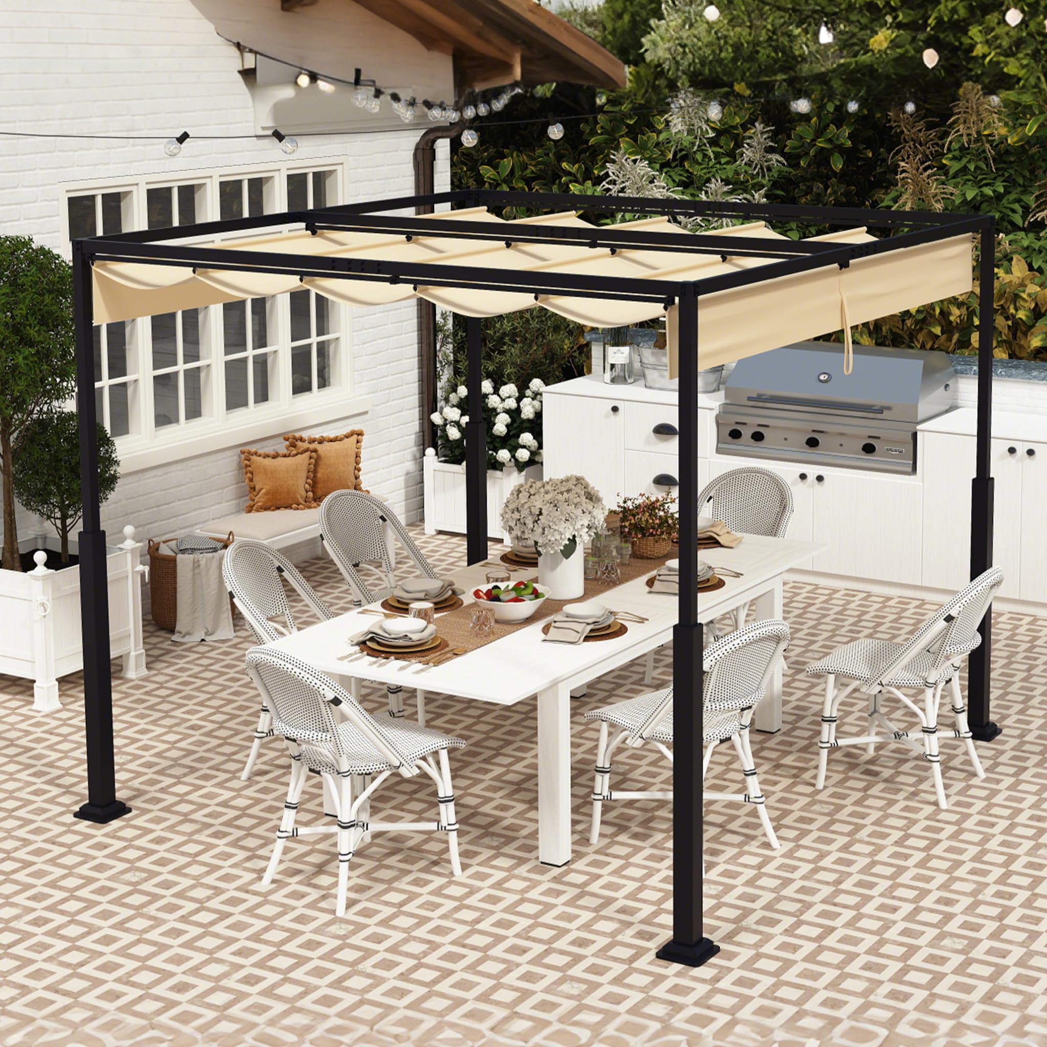 UISEBRT 3x3 m Pergola Pavillon mit stabilem Stahlgestell und hochwertigem Schiebedach aus PA-beschichtetem Polyester, freistehende Terrassenüberdachung, ideal für Outdoor (Beige)