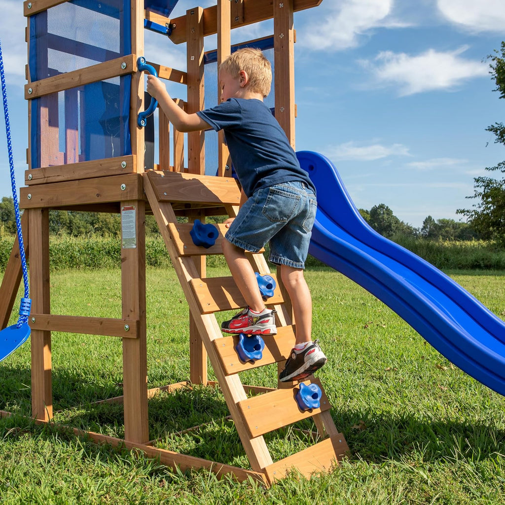 Backyard Discovery Aurora Wooden Playhouse Swing Set with Slide