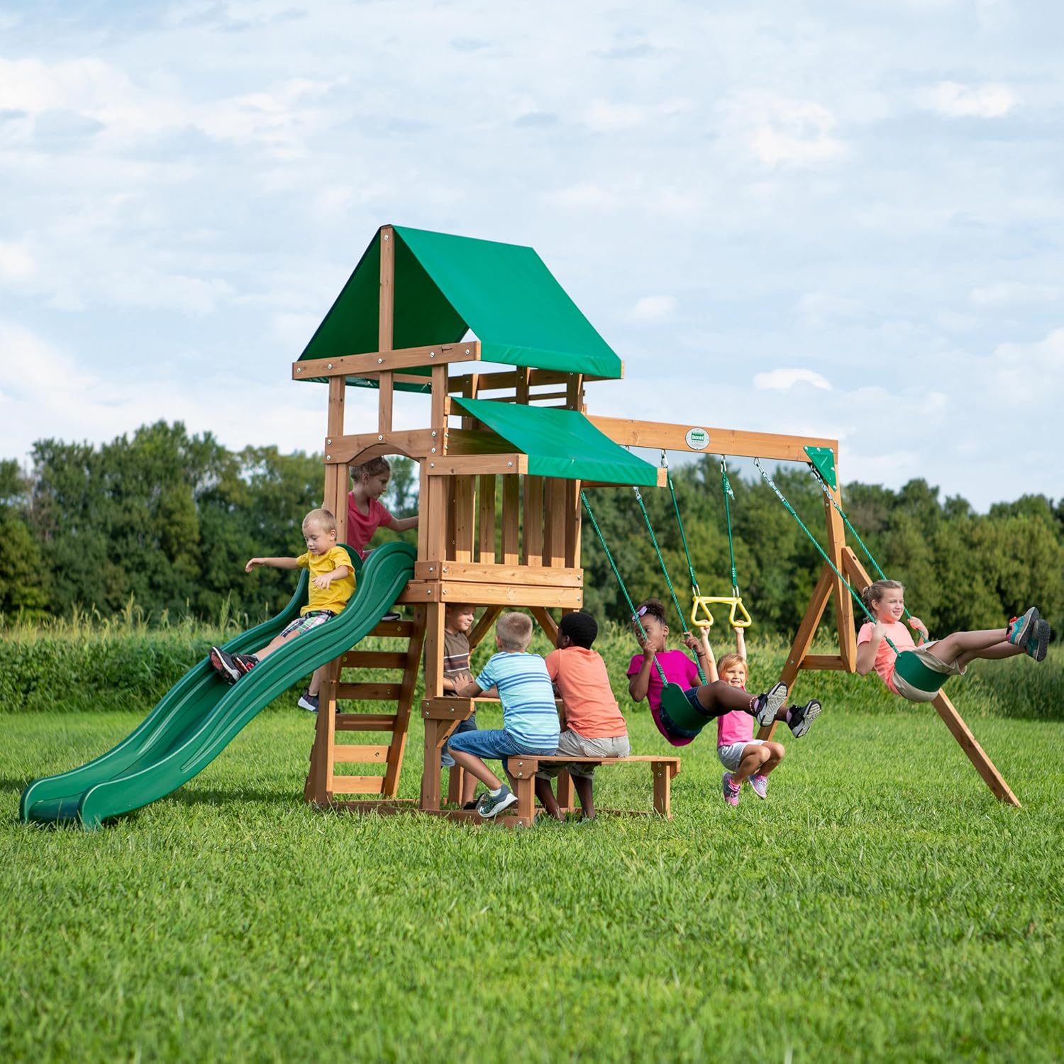 Backyard Discovery Belmont Cedar Wood Swing Set Wave Slide