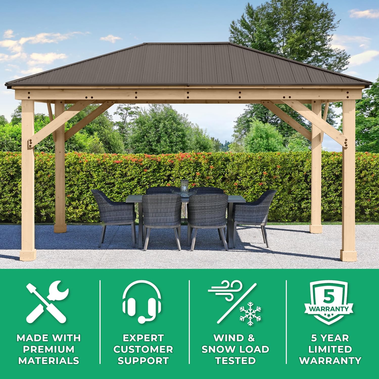 Yardistry Meridian 12 x 16 Cedar Wood Gazebo Pavilion Aluminum Roof