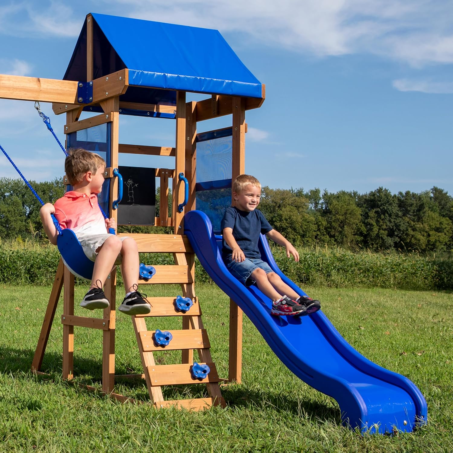 Backyard Discovery Aurora Wooden Playhouse Swing Set with Slide