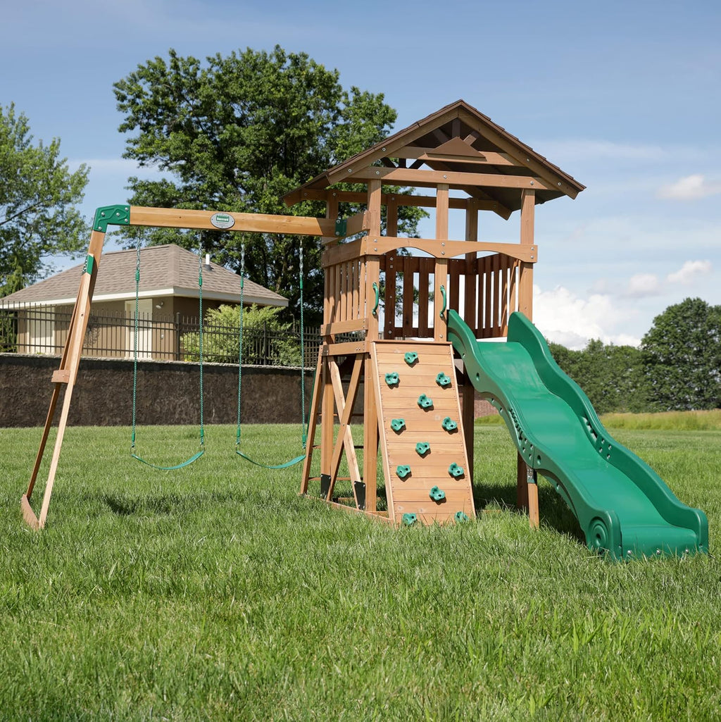 Backyard Discovery Lightning Ridge Cedar Wood Swing Set 10ft Wave Slide