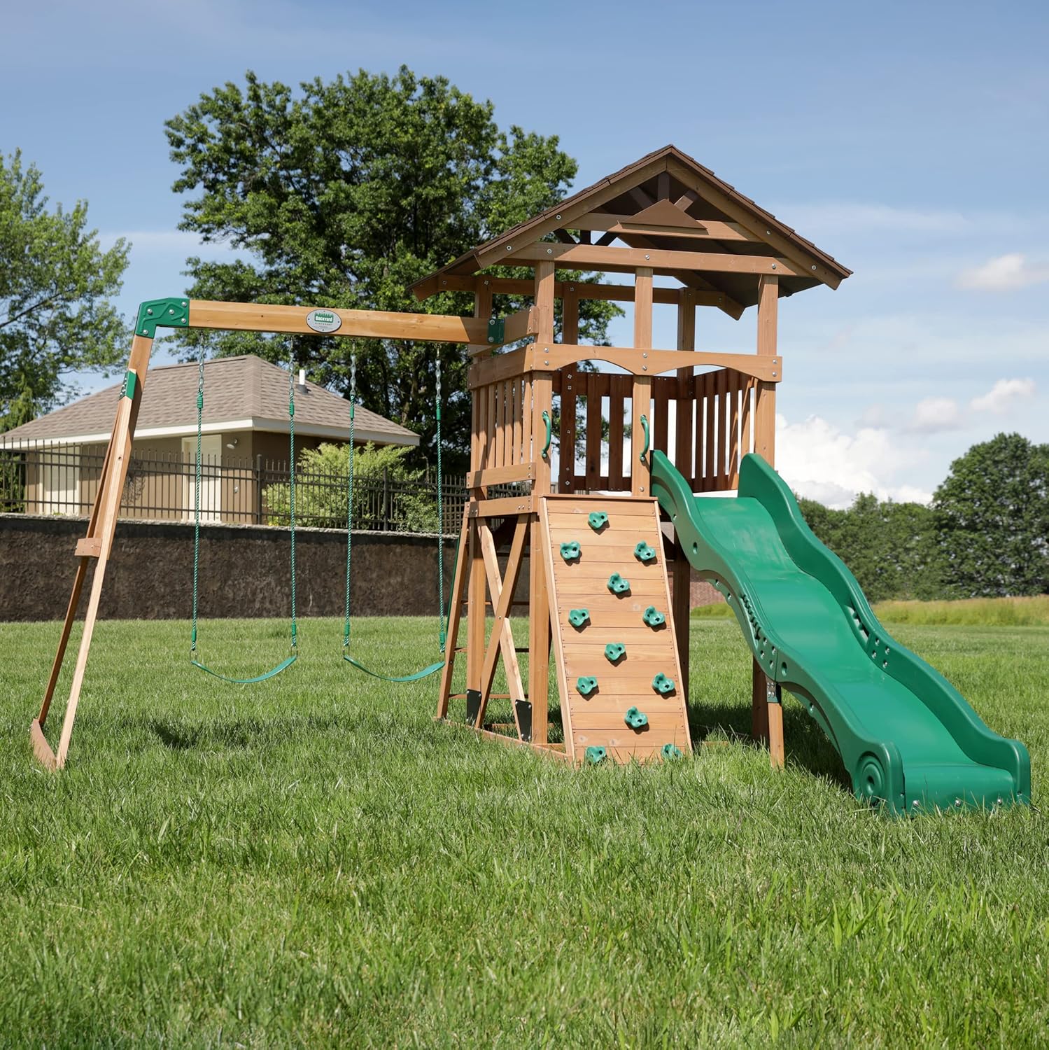 Backyard Discovery Lightning Ridge Cedar Wood Swing Set 10ft Wave Slide