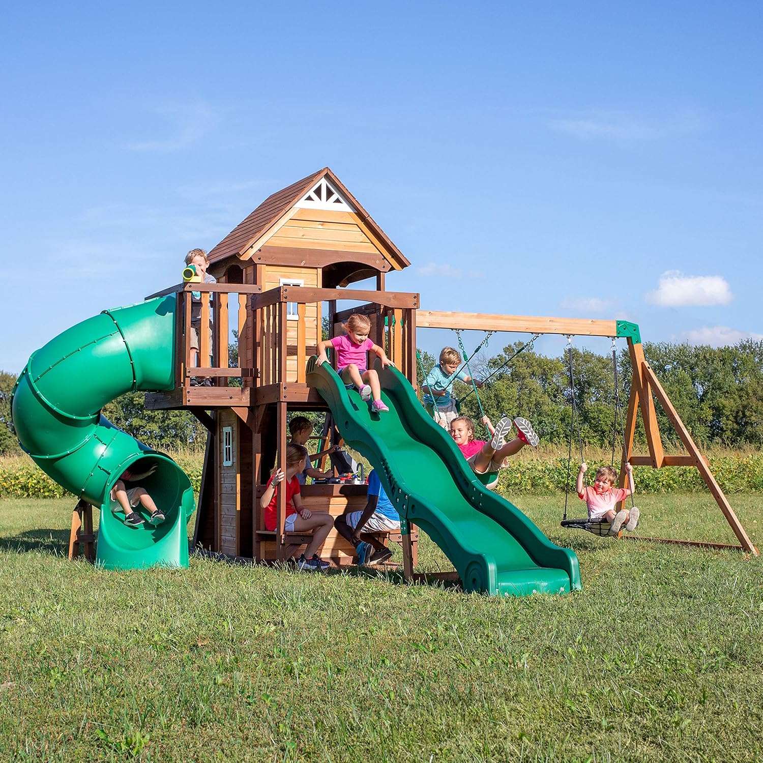 Backyard Discovery Cedar Cove Wood Swing Set With 2 Slides
