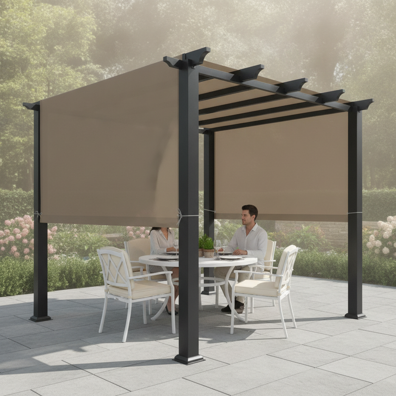 Alion Home waterproof pergola cover in muddy water color installed on a cedar pergola, shading a modern outdoor dining area.