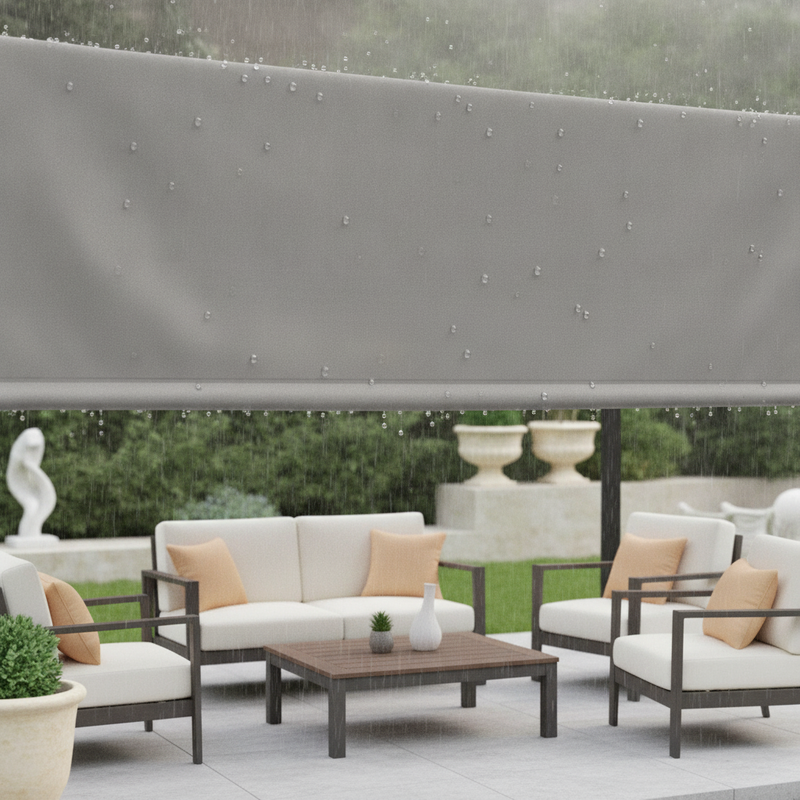 Alion Home 'muddy water' waterproof pergola cover installed over an outdoor seating area in a modern British garden, with rai